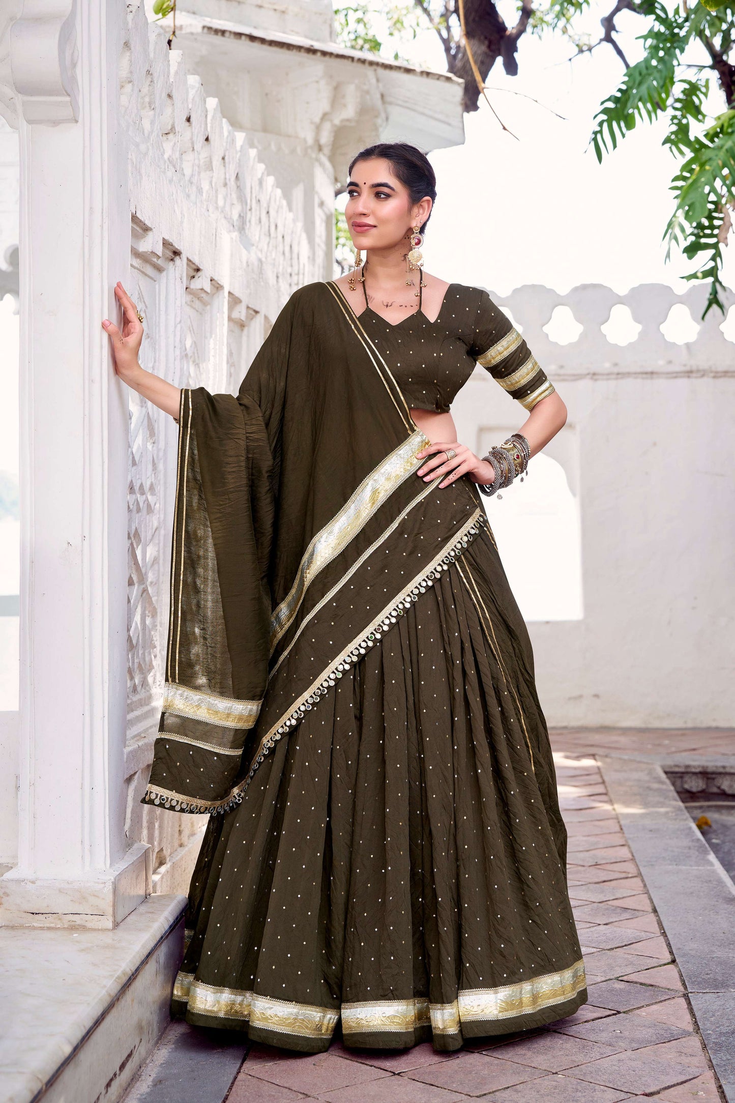 Lorenvalley Fashion Mahendi Pure Chanderi Zari Weaving Work With Embossed Design Lace Touch Up Lehenga Choli with Dupatta - Swadesiicart