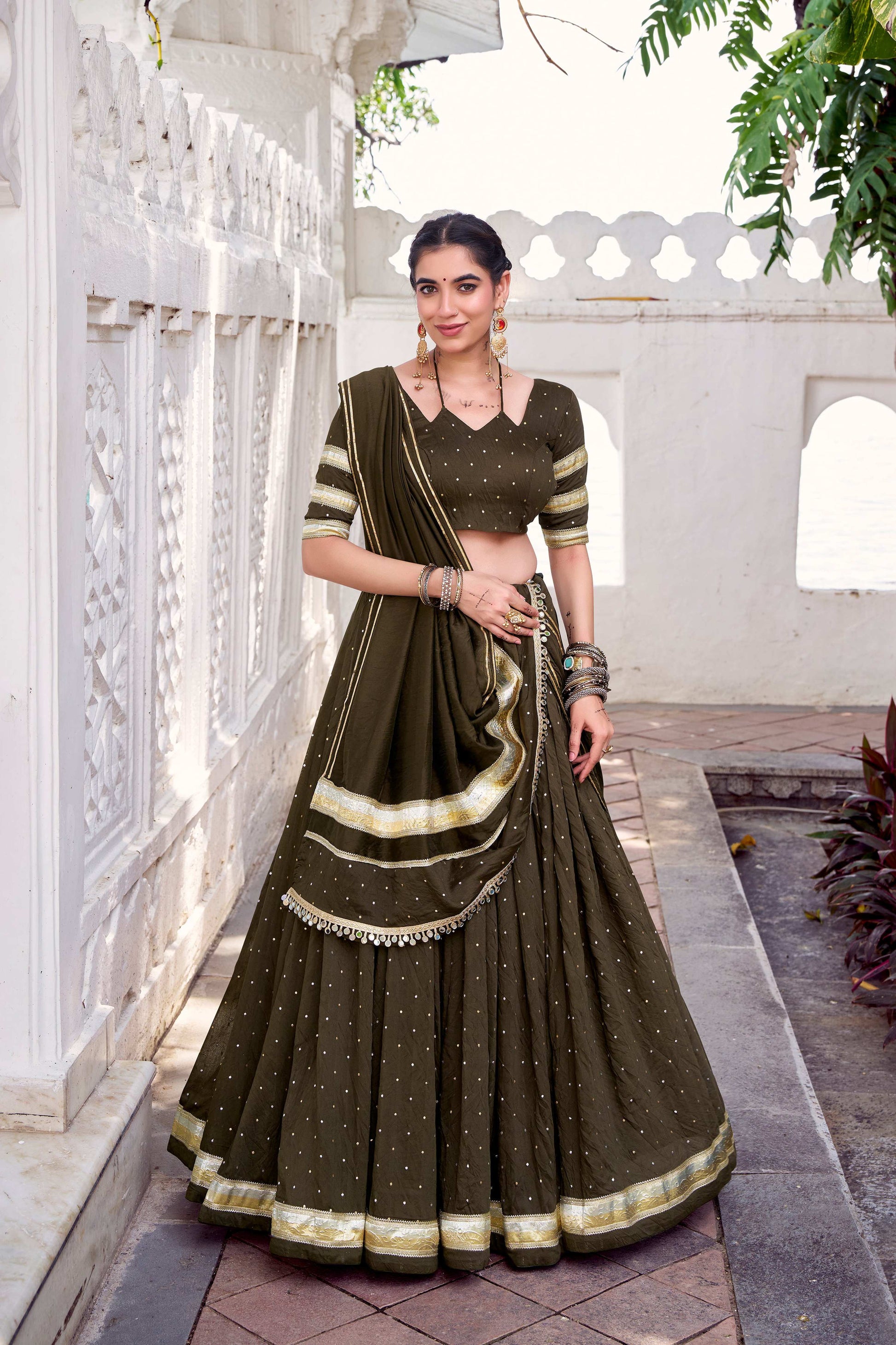 Lorenvalley Fashion Mahendi Pure Chanderi Zari Weaving Work With Embossed Design Lace Touch Up Lehenga Choli with Dupatta - Swadesiicart