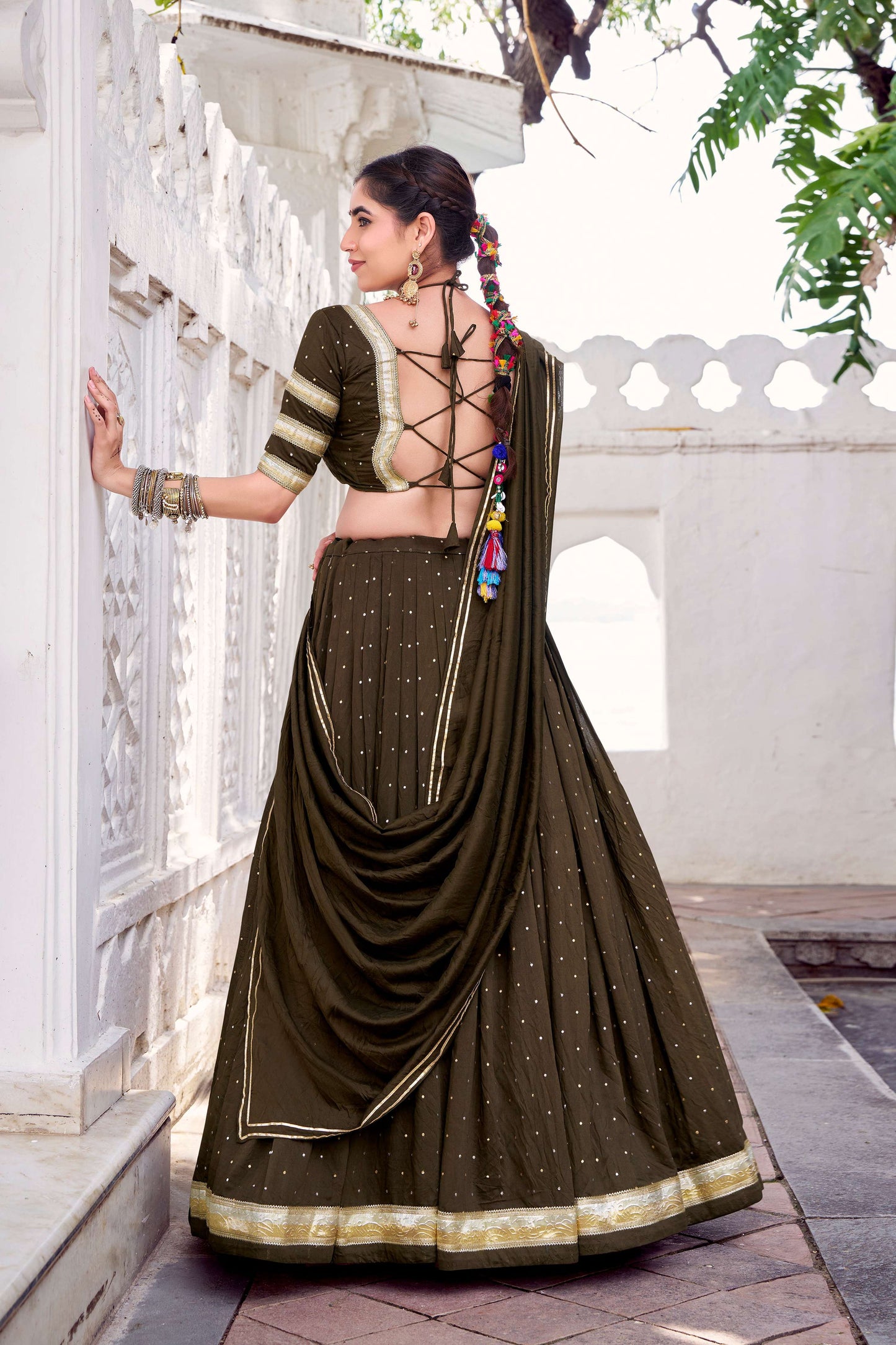 Lorenvalley Fashion Mahendi Pure Chanderi Zari Weaving Work With Embossed Design Lace Touch Up Lehenga Choli with Dupatta - Swadesiicart