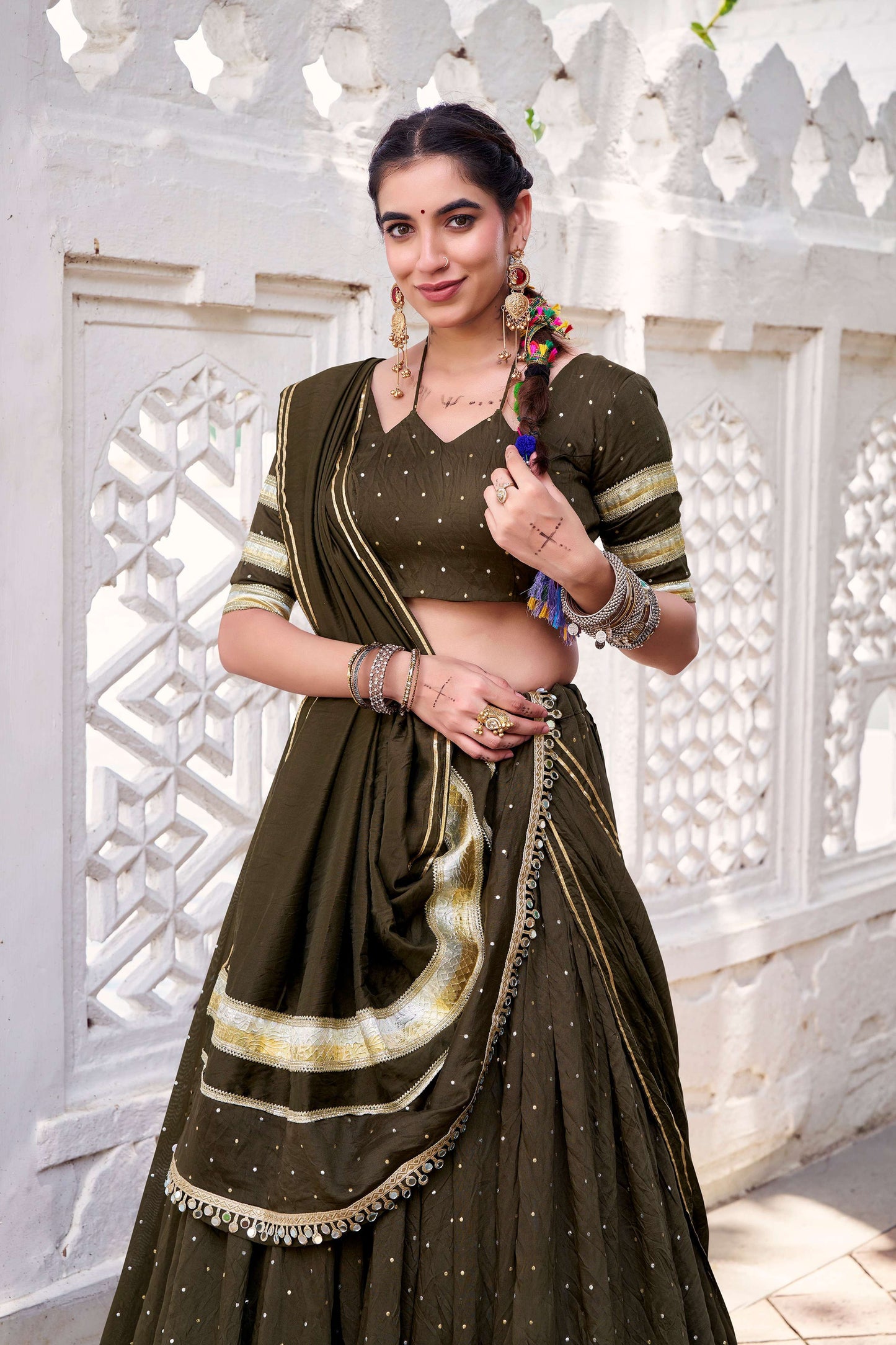 Lorenvalley Fashion Mahendi Pure Chanderi Zari Weaving Work With Embossed Design Lace Touch Up Lehenga Choli with Dupatta - Swadesiicart