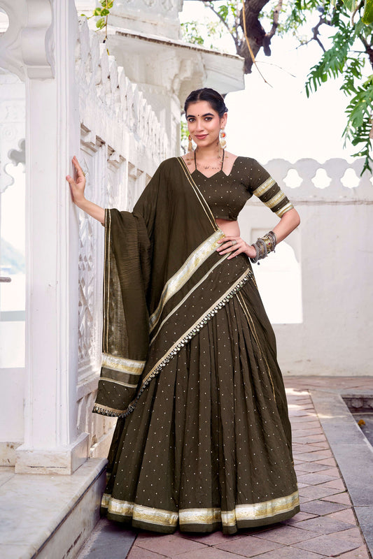 Lorenvalley Fashion Mahendi Pure Chanderi Zari Weaving Work With Embossed Design Lace Touch Up Lehenga Choli with Dupatta - Swadesiicart