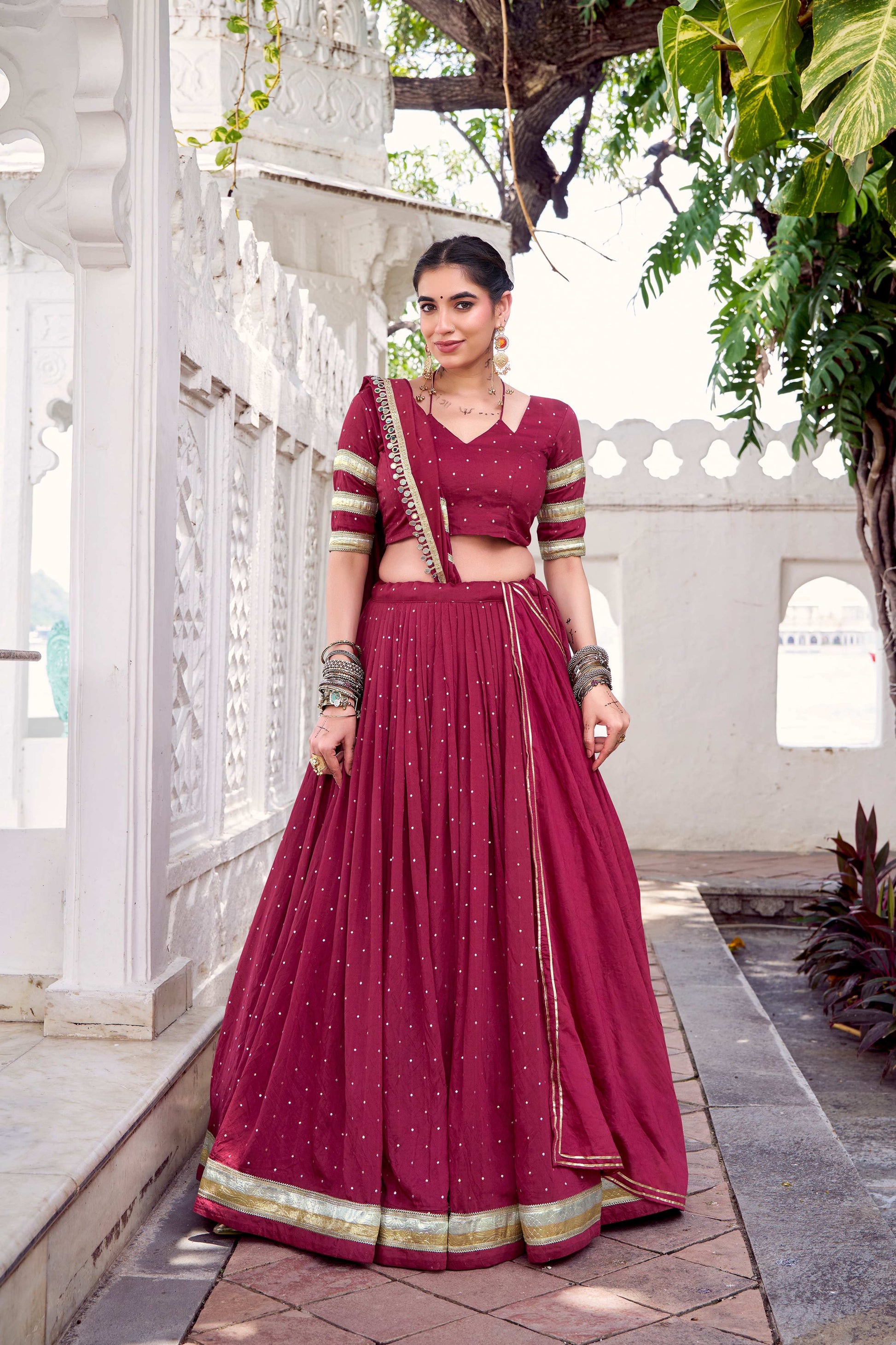 Lorenvalley Fashion Maroon Pure Chanderi Zari Weaving Work With Embossed Design Lace Touch Up Lehenga Choli with Dupatta - Swadesiicart
