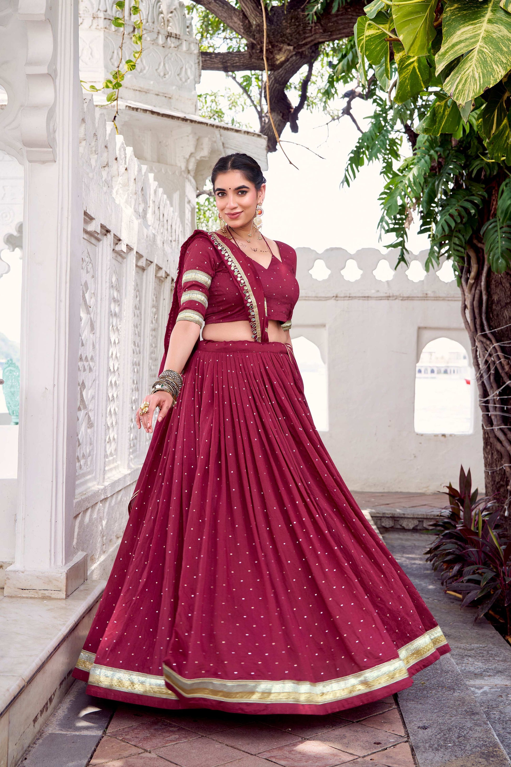 Lorenvalley Fashion Maroon Pure Chanderi Zari Weaving Work With Embossed Design Lace Touch Up Lehenga Choli with Dupatta - Swadesiicart