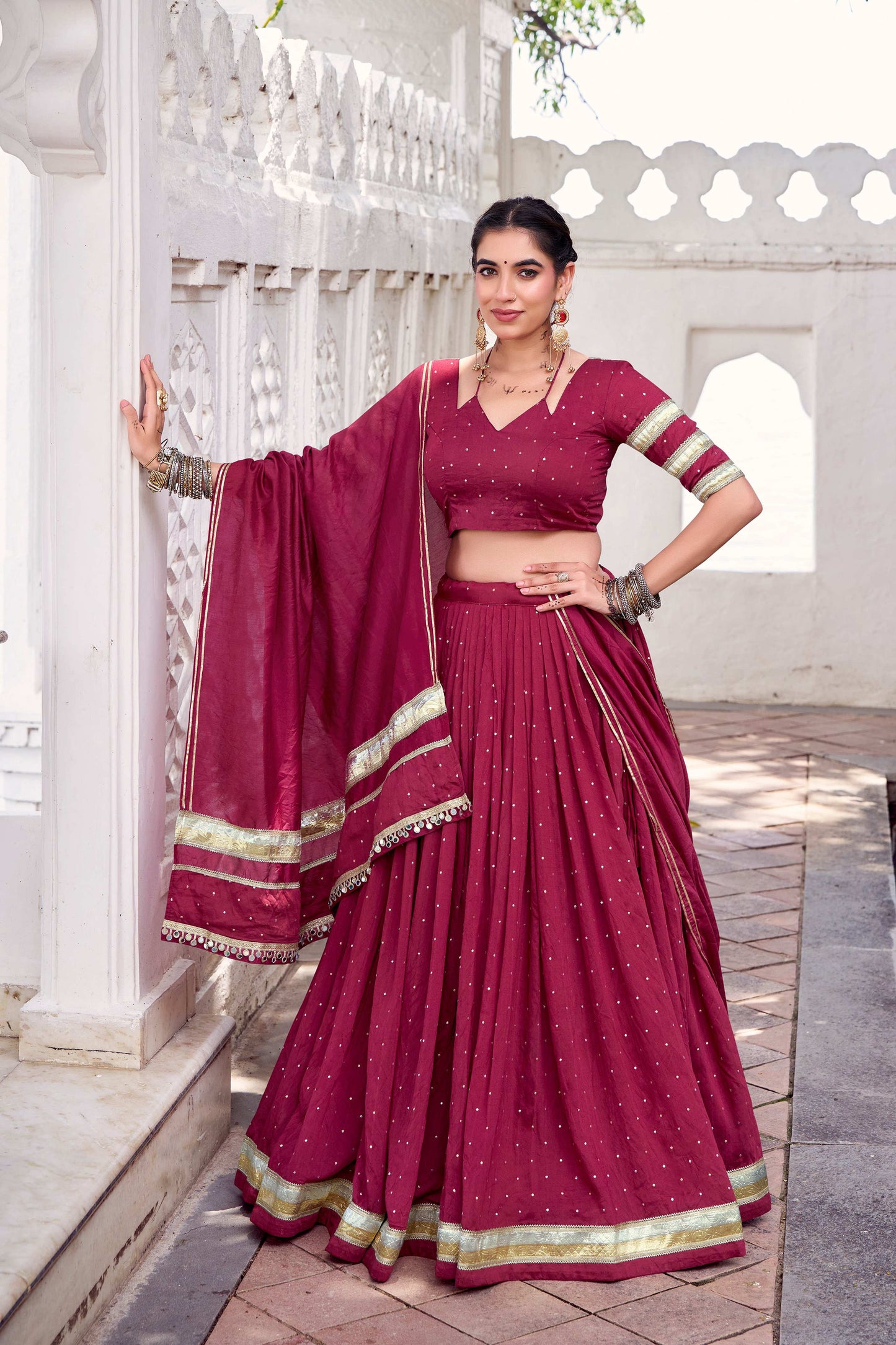 Lorenvalley Fashion Maroon Pure Chanderi Zari Weaving Work With Embossed Design Lace Touch Up Lehenga Choli with Dupatta - Swadesiicart