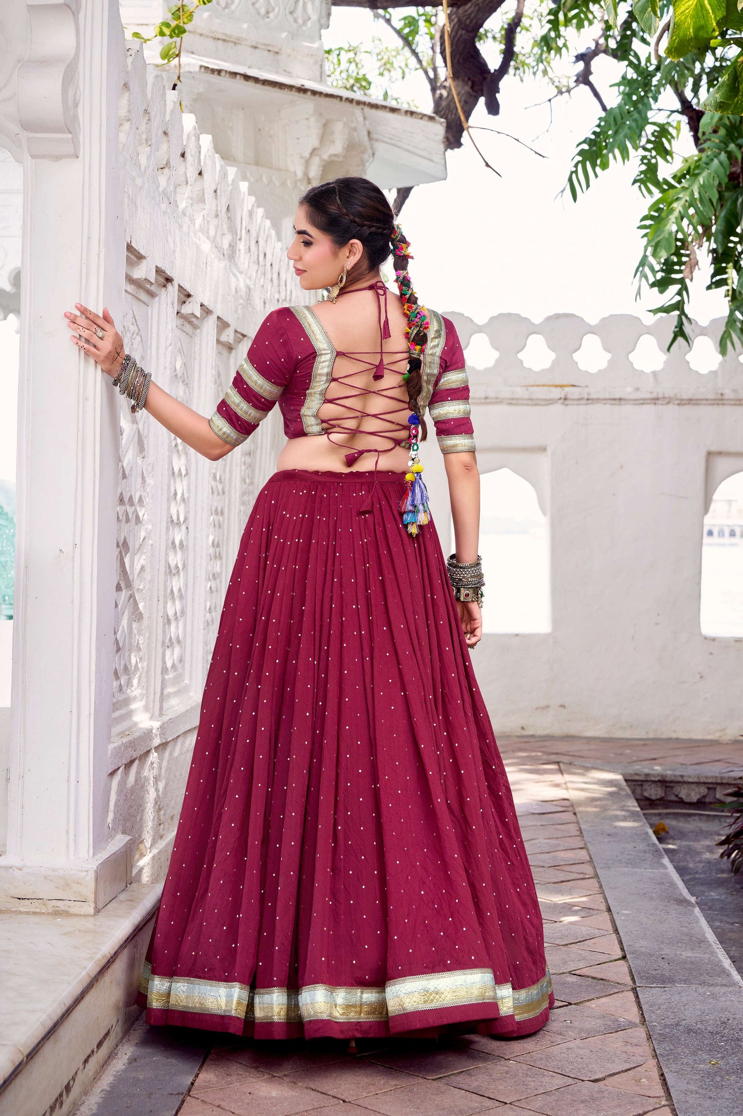 Lorenvalley Fashion Maroon Pure Chanderi Zari Weaving Work With Embossed Design Lace Touch Up Lehenga Choli with Dupatta - Swadesiicart