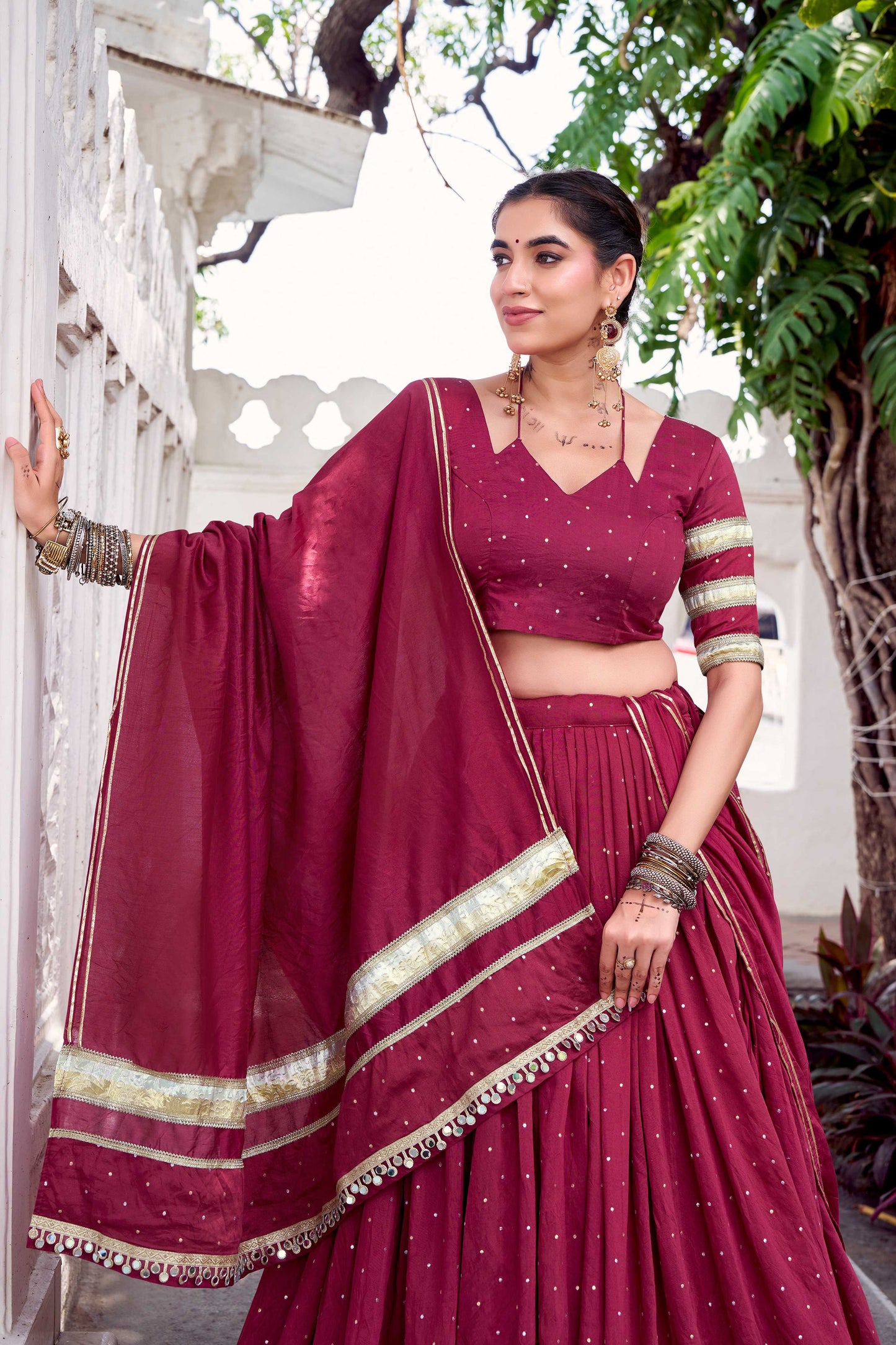 Lorenvalley Fashion Maroon Pure Chanderi Zari Weaving Work With Embossed Design Lace Touch Up Lehenga Choli with Dupatta - Swadesiicart