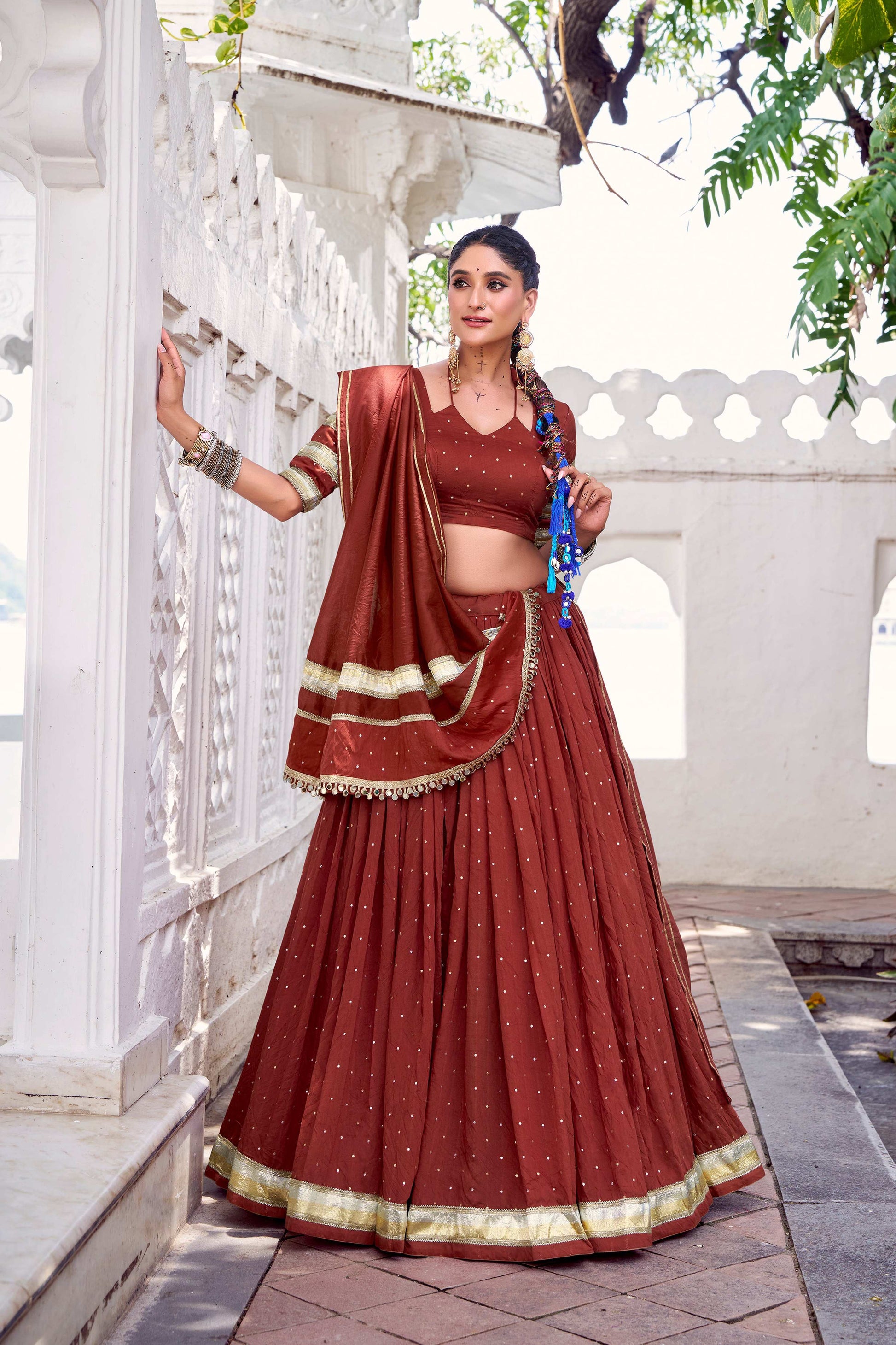 Lorenvalley Fashion Rosegold Pure Chanderi Zari Weaving Work With Embossed Design Lace Touch Up Lehenga Choli with Dupatta - Swadesiicart