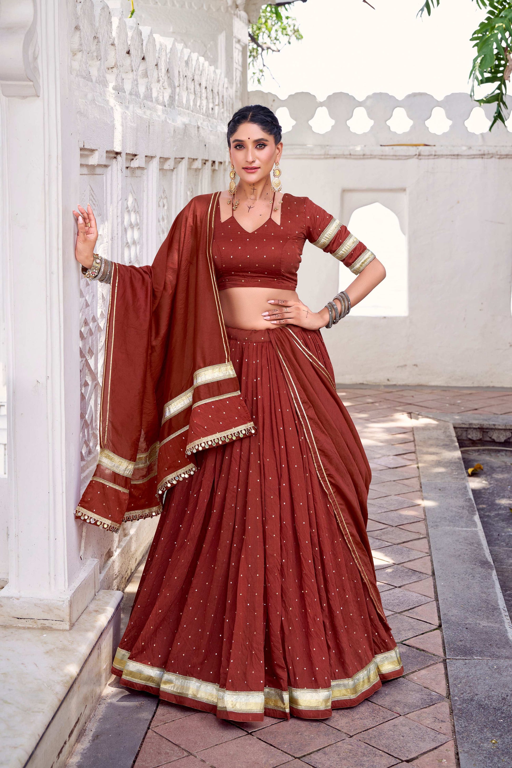 Lorenvalley Fashion Rosegold Pure Chanderi Zari Weaving Work With Embossed Design Lace Touch Up Lehenga Choli with Dupatta - Swadesiicart