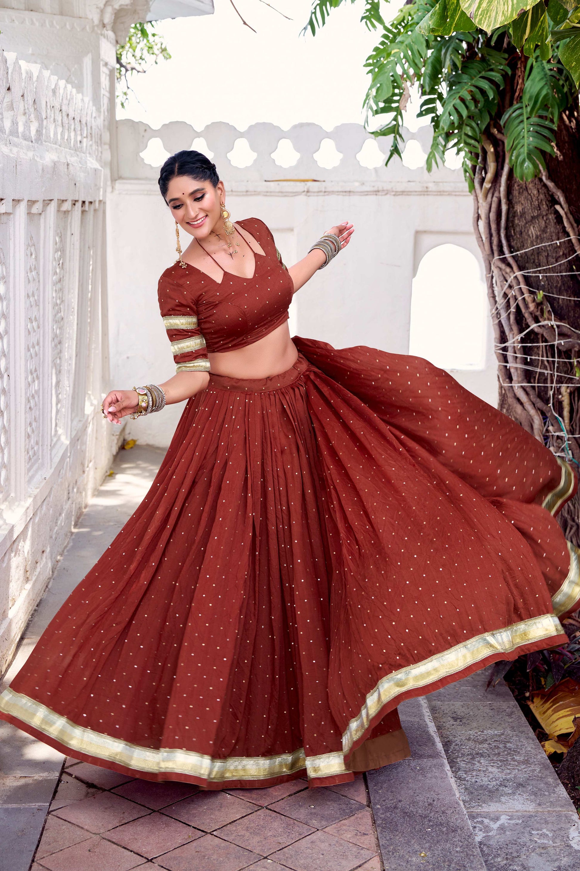 Lorenvalley Fashion Rosegold Pure Chanderi Zari Weaving Work With Embossed Design Lace Touch Up Lehenga Choli with Dupatta - Swadesiicart