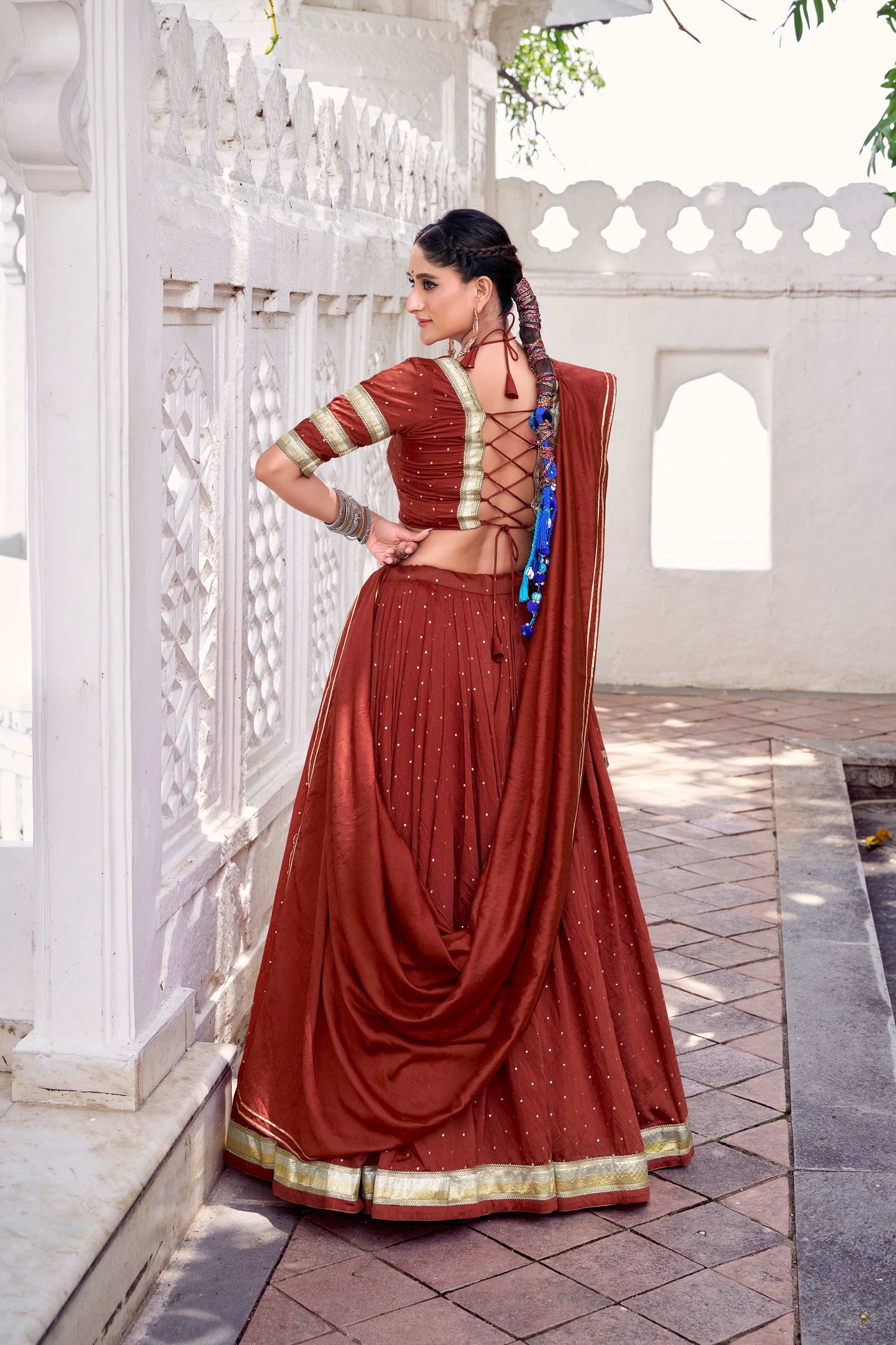 Lorenvalley Fashion Rosegold Pure Chanderi Zari Weaving Work With Embossed Design Lace Touch Up Lehenga Choli with Dupatta - Swadesiicart