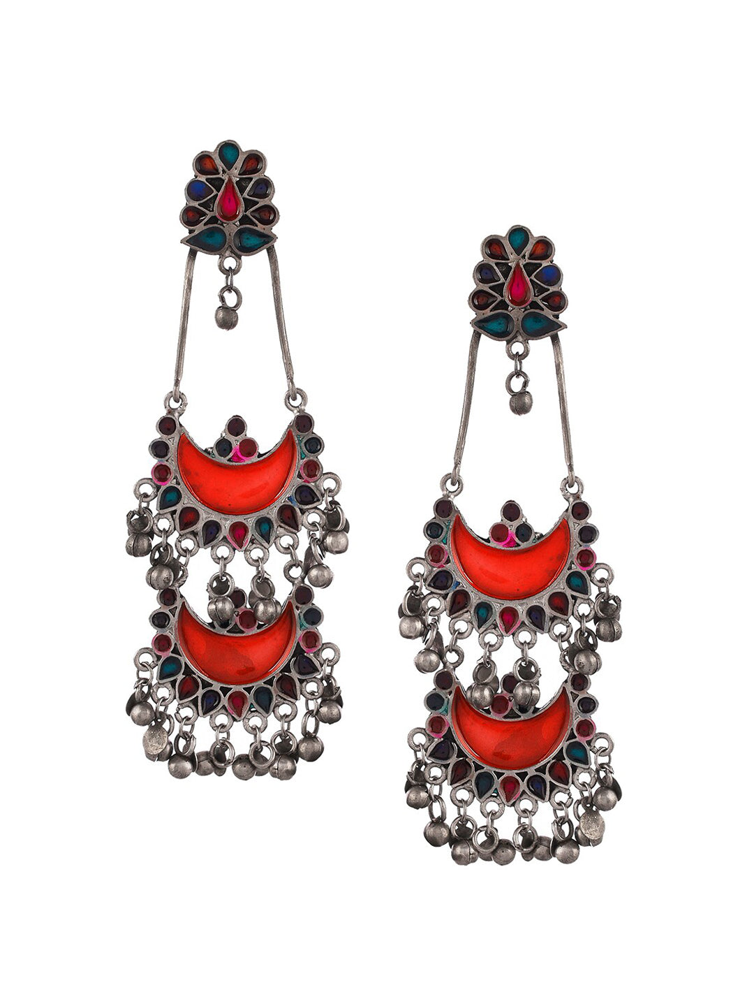 Shoshaa Silver-Plated Oxidised Multi Stones Drop Earrings | Swadesiicart