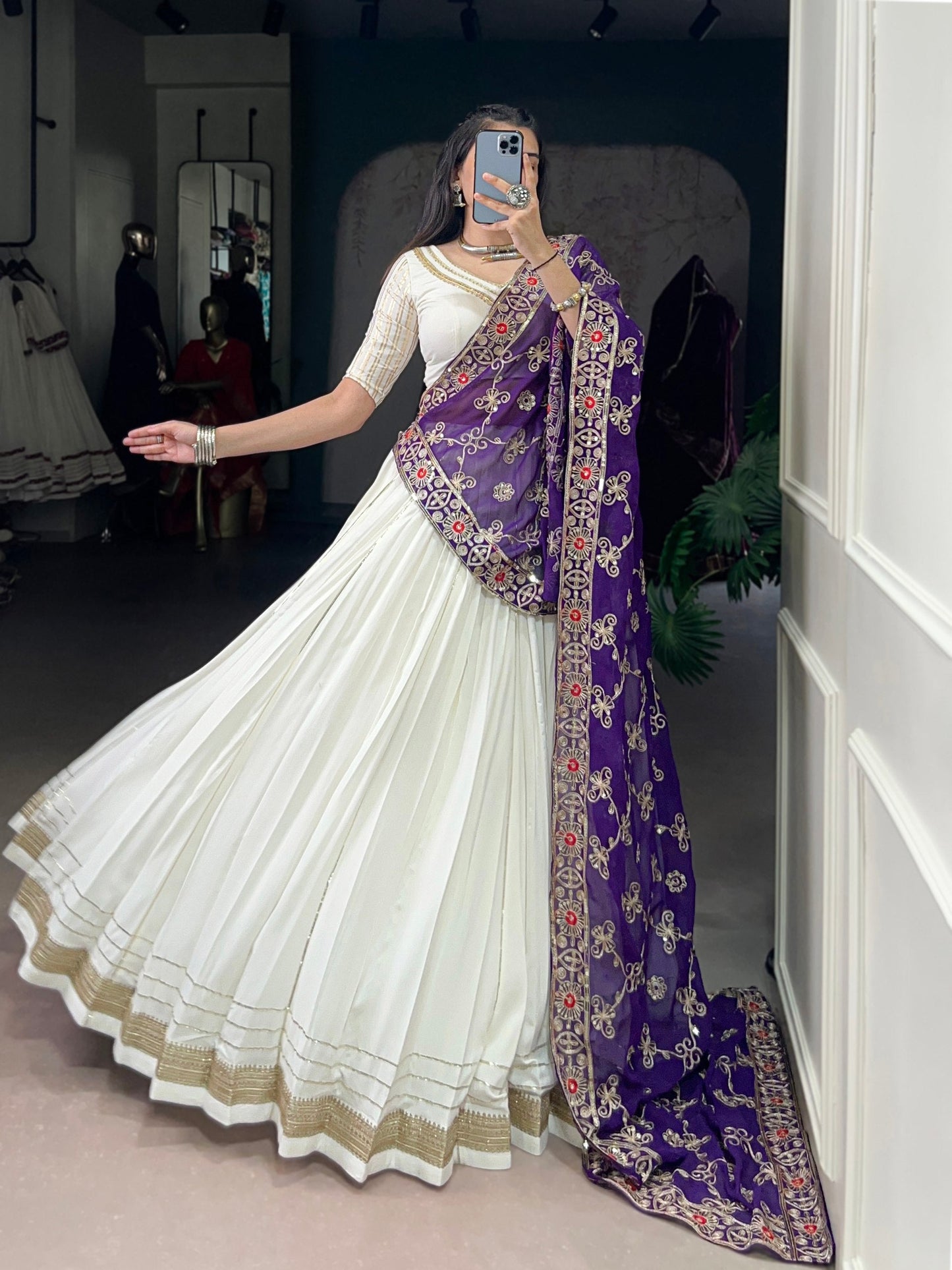 Lorenvalley Fashion White Pure Rayon Lace Touch Up Lehenga Choli with Dupatta - Swadesiicart