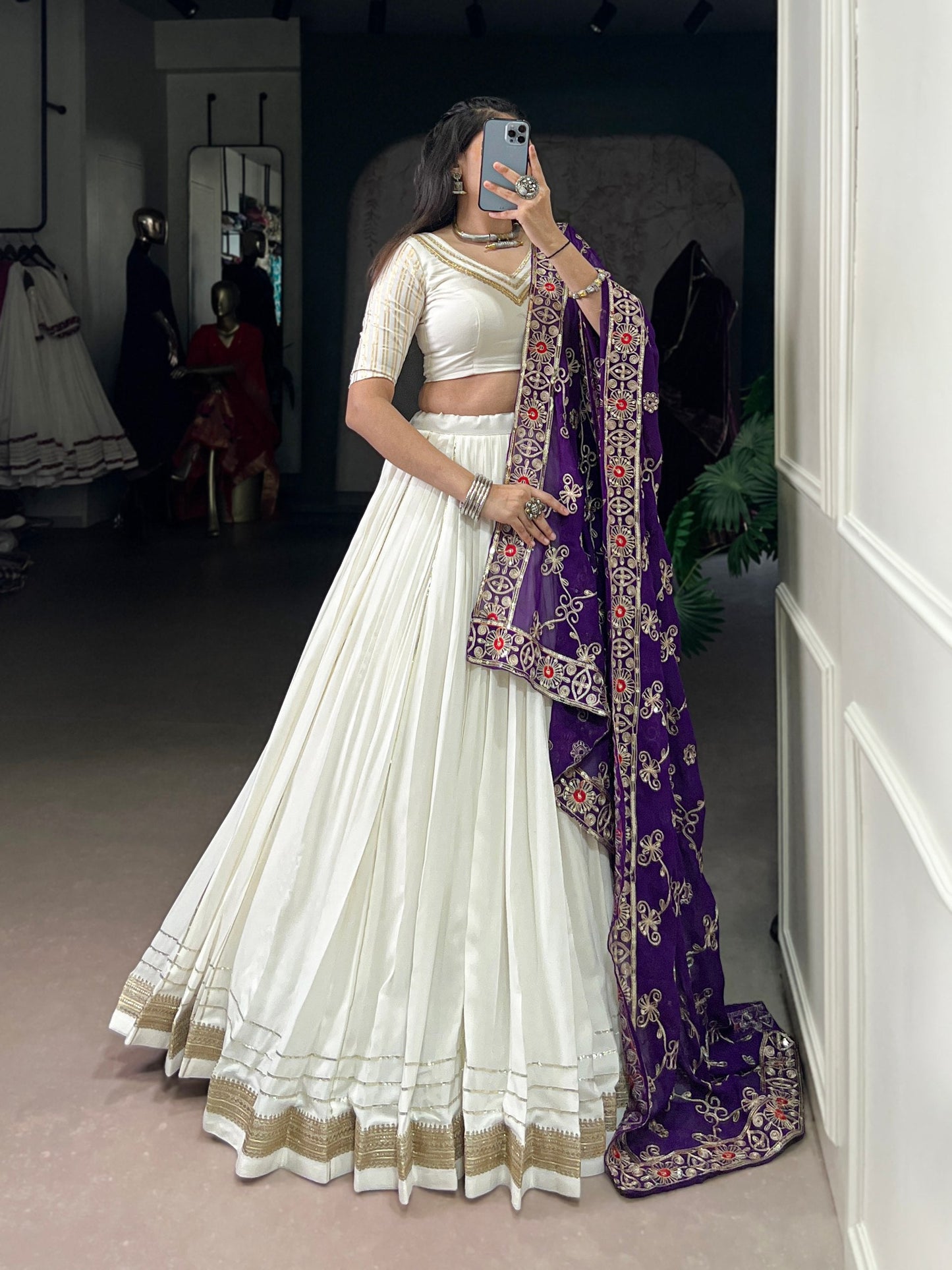 Lorenvalley Fashion White Pure Rayon Lace Touch Up Lehenga Choli with Dupatta - Swadesiicart