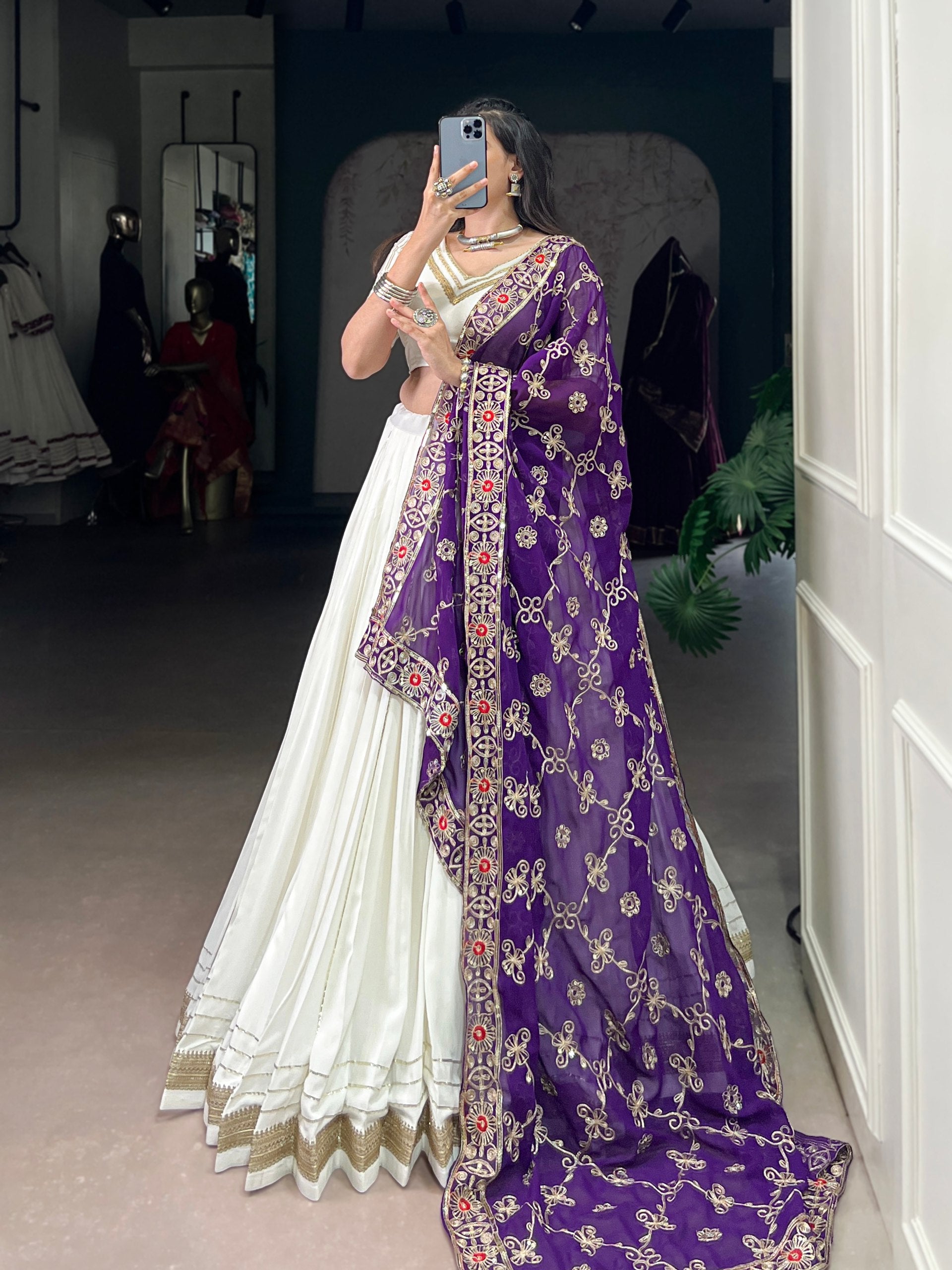Lorenvalley Fashion White Pure Rayon Lace Touch Up Lehenga Choli with Dupatta - Swadesiicart