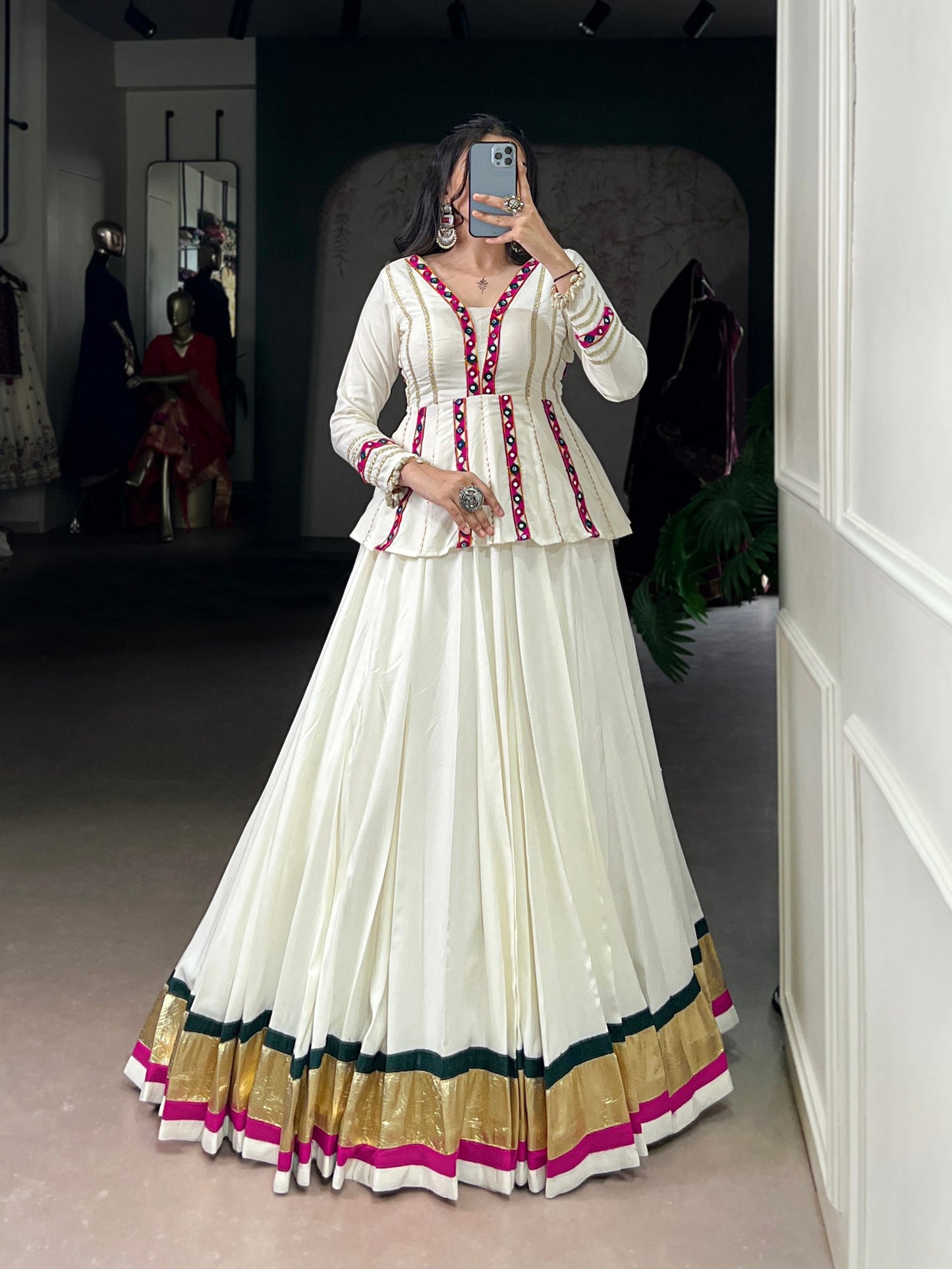Lorenvalley Fashion White Pure Rayon Embossed Design Lace Touch up Lehenga Choli | Swadesiicart