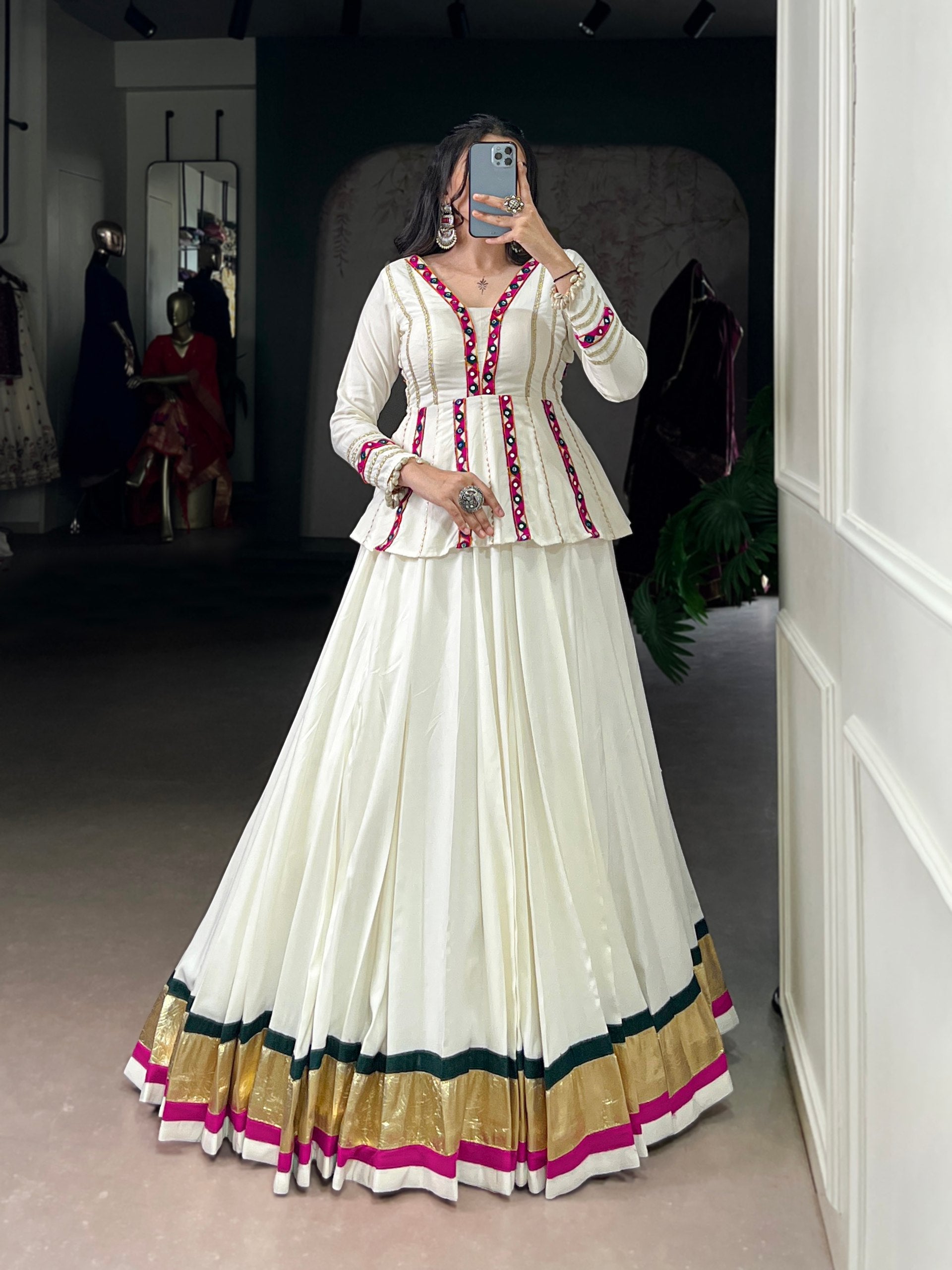 Lorenvalley Fashion White Pure Rayon Embossed Design Lace Touch up Lehenga Choli | Swadesiicart