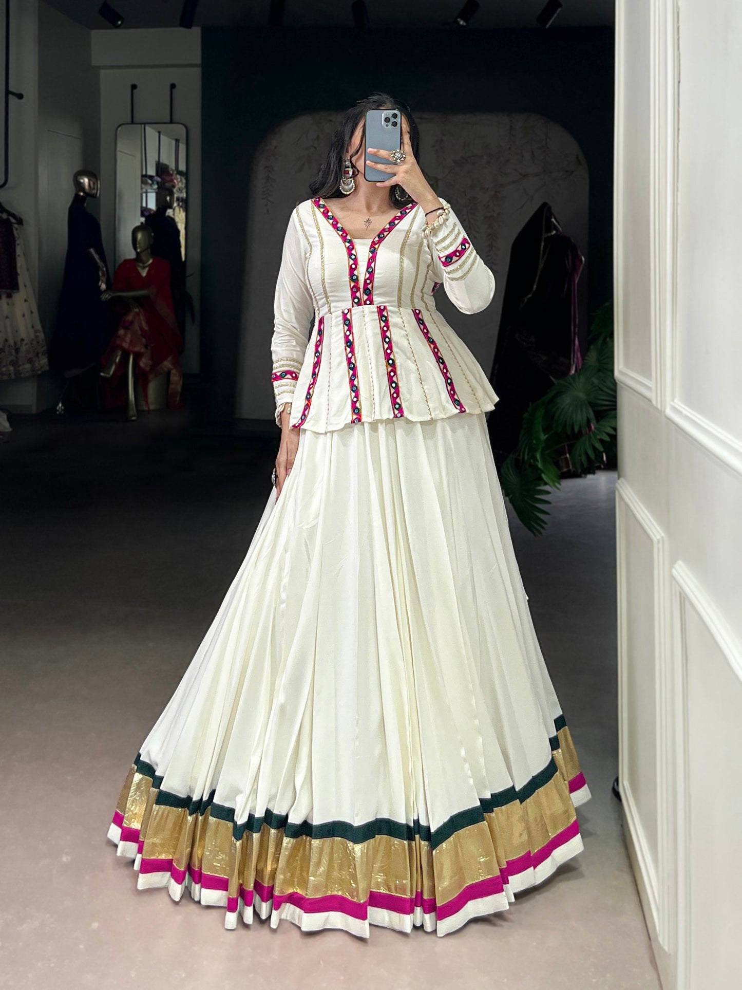 Lorenvalley Fashion White Pure Rayon Embossed Design Lace Touch up Lehenga Choli | Swadesiicart