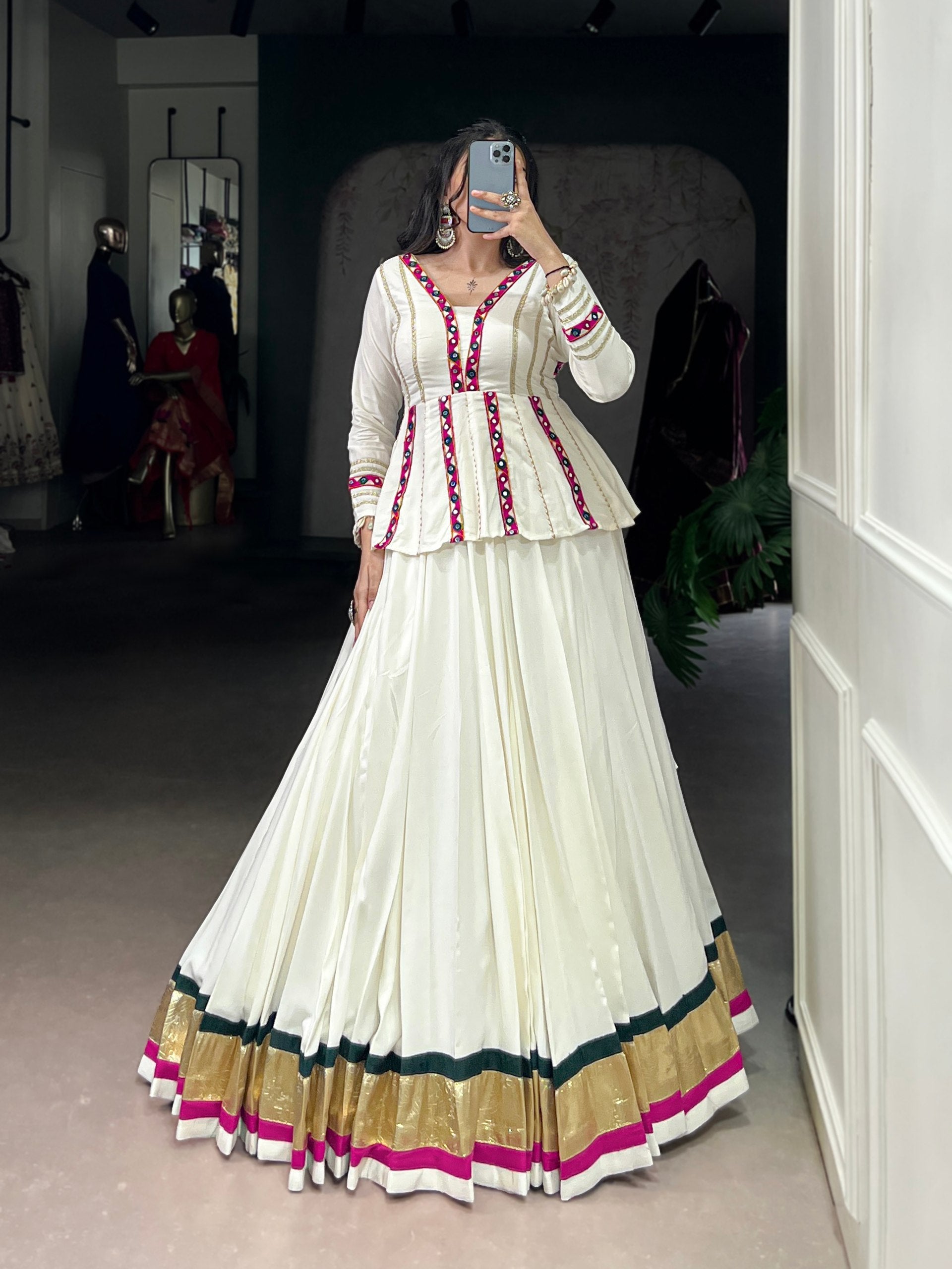 Lorenvalley Fashion White Pure Rayon Embossed Design Lace Touch up Lehenga Choli | Swadesiicart
