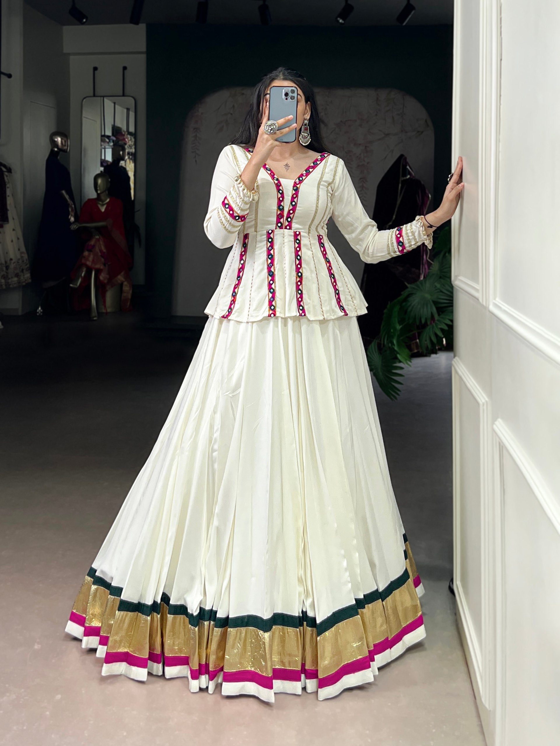 Lorenvalley Fashion White Pure Rayon Embossed Design Lace Touch up Lehenga Choli | Swadesiicart