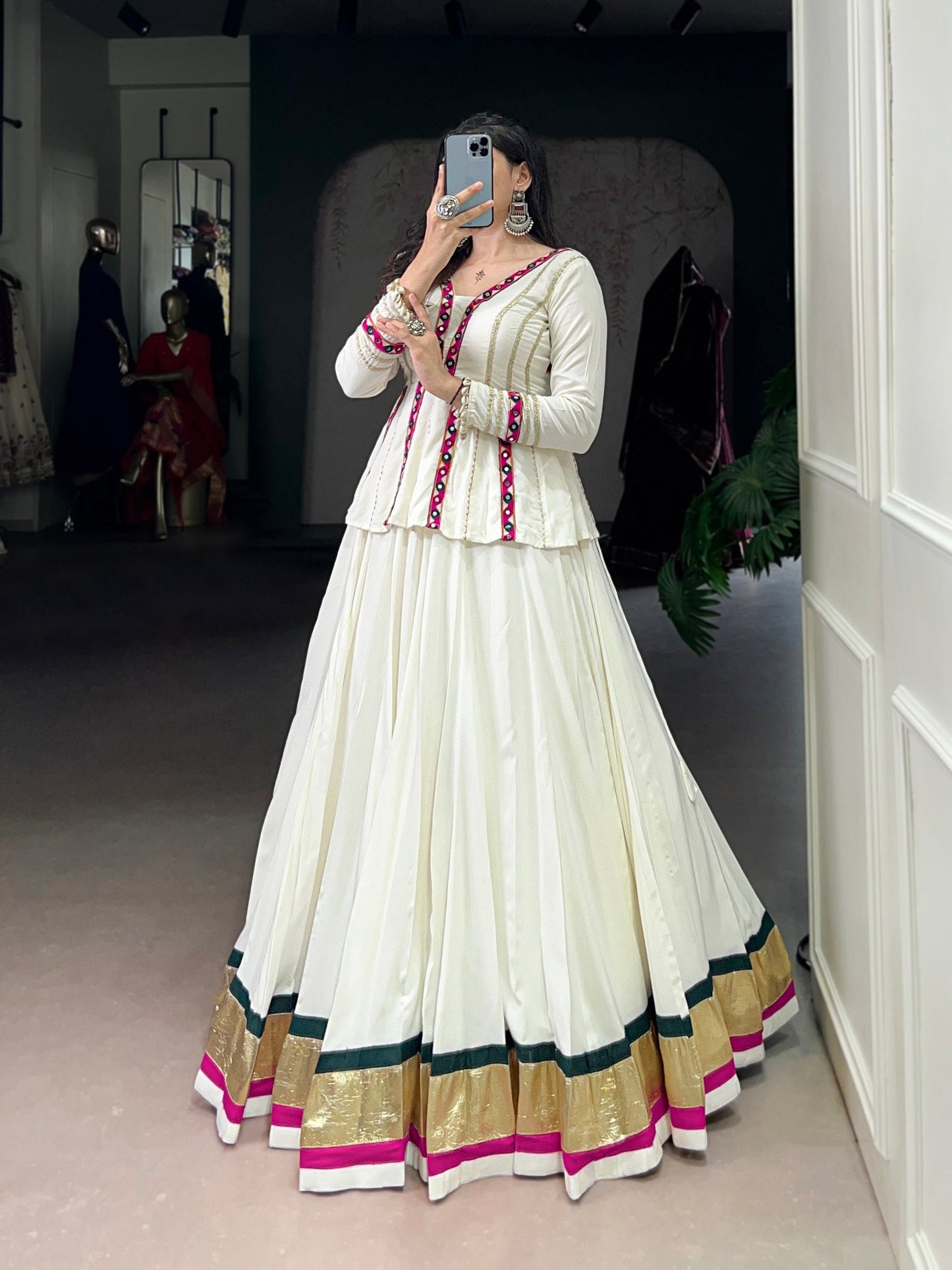 Lorenvalley Fashion White Pure Rayon Embossed Design Lace Touch up Lehenga Choli | Swadesiicart