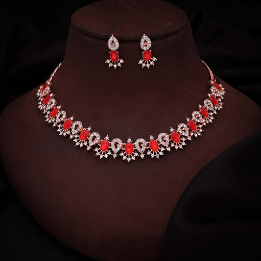 Tehzeeb Creations Red Colour Ad Studded Necklace Jewellery Set With Matching Earrings For Women And Girls - Swadesiicart