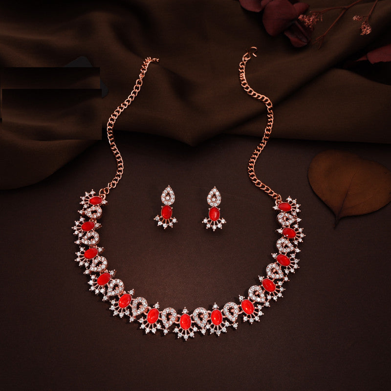 Tehzeeb Creations Red Colour Ad Studded Necklace Jewellery Set With Matching Earrings For Women And Girls - Swadesiicart