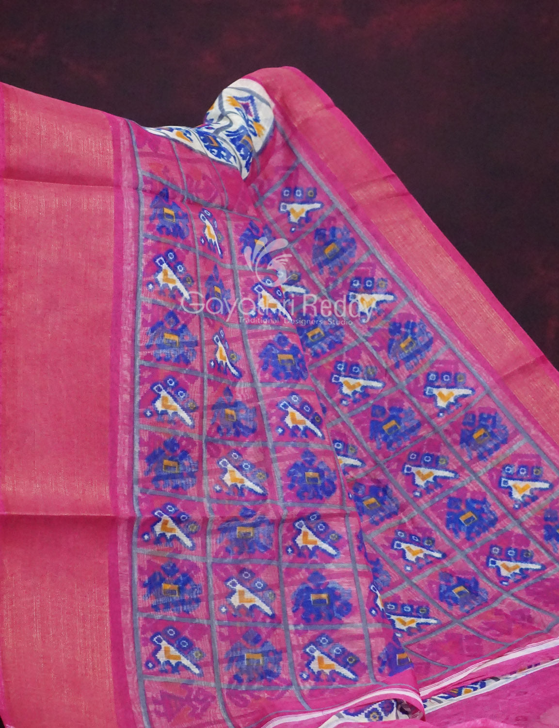 Shades of Cream Colour And Pink Blouse Patola Design Semi Chanderi Saree By Gayathri Reddy Designer Studio | Swadesiicart