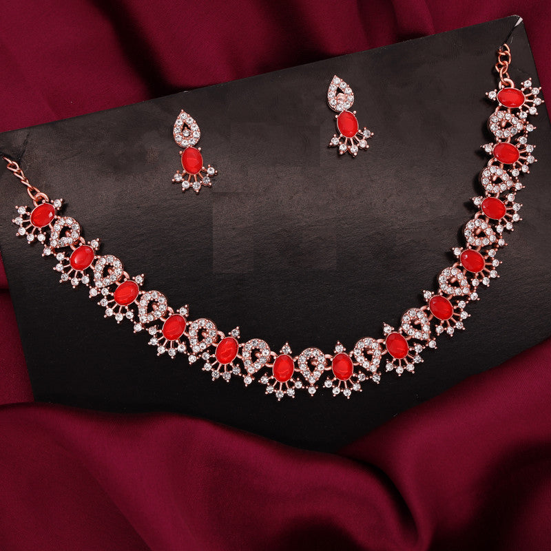 Tehzeeb Creations Red Colour Ad Studded Necklace Jewellery Set With Matching Earrings For Women And Girls - Swadesiicart