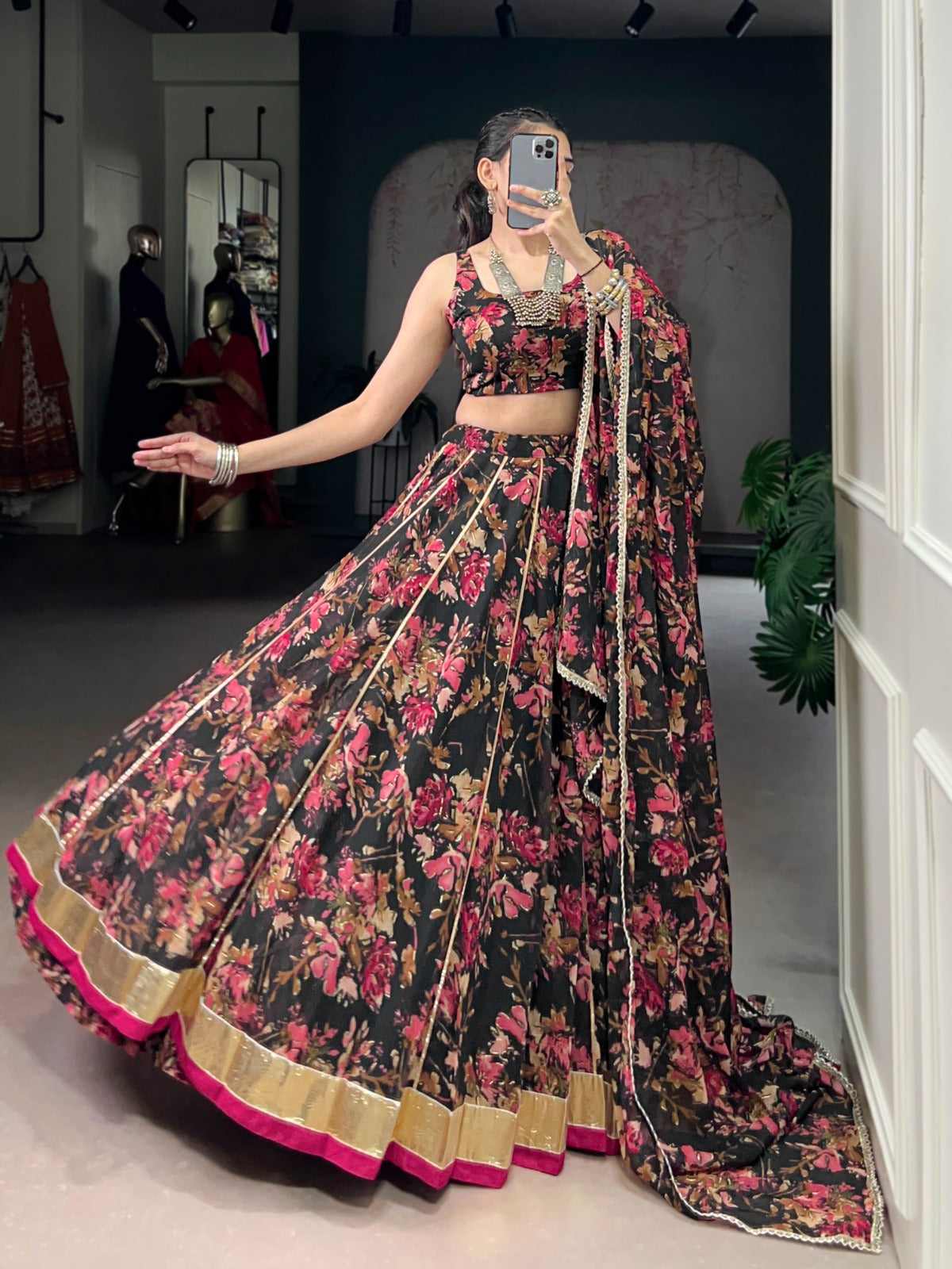 Lorenvalley Fashion Black Chiffon Floral Print and Foil Print with Embossed Design with Gotta Patti Lace Touch Up Lehenga Choli with Dupatta - Swadesiicart