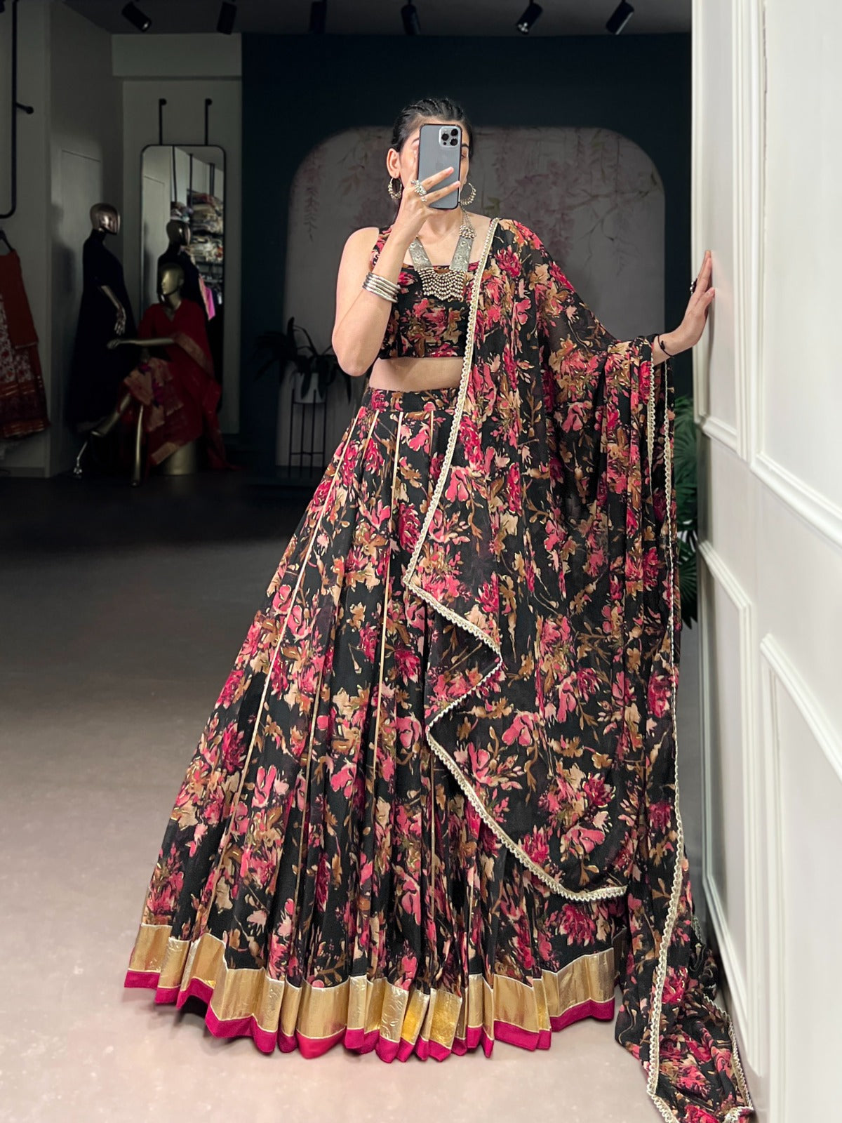 Lorenvalley Fashion Black Chiffon Floral Print and Foil Print with Embossed Design with Gotta Patti Lace Touch Up Lehenga Choli with Dupatta - Swadesiicart