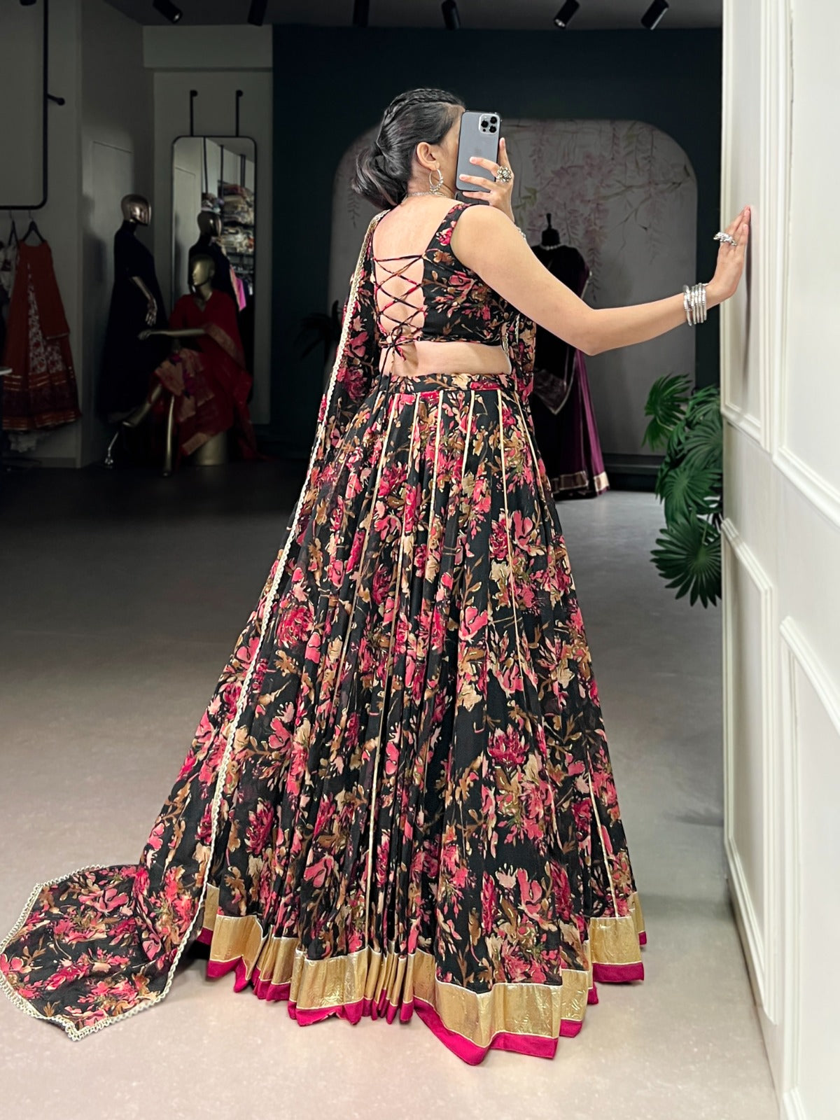 Lorenvalley Fashion Black Chiffon Floral Print and Foil Print with Embossed Design with Gotta Patti Lace Touch Up Lehenga Choli with Dupatta - Swadesiicart