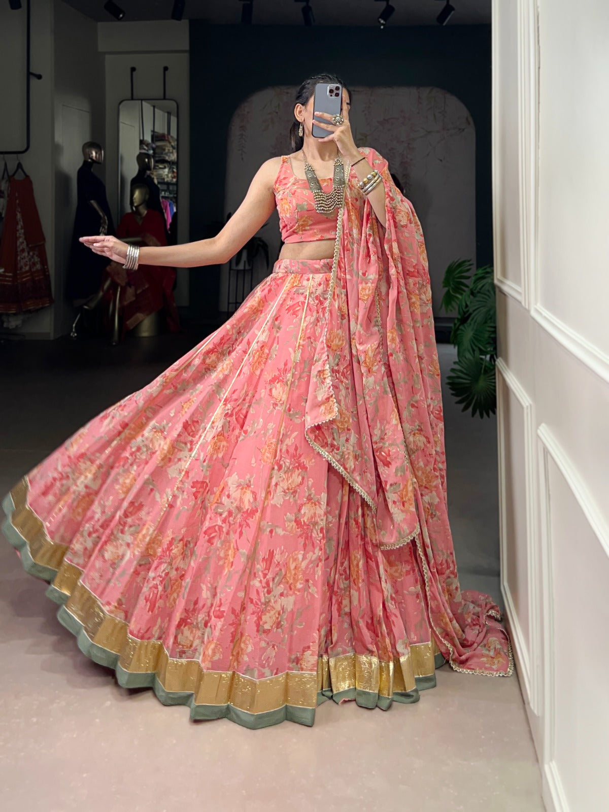 Lorenvalley Fashion Peach Chiffon Floral Print and Foil Print with Embossed Design with Gotta Patti Lace Touch Up Lehenga Choli with Dupatta - Swadesiicart