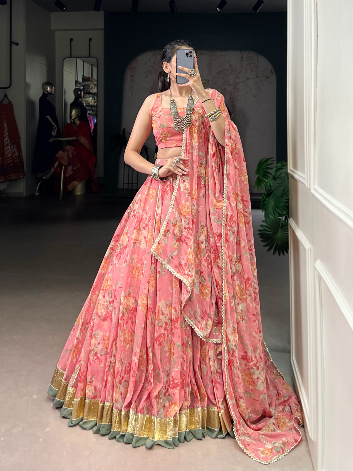 Lorenvalley Fashion Peach Chiffon Floral Print and Foil Print with Embossed Design with Gotta Patti Lace Touch Up Lehenga Choli with Dupatta - Swadesiicart