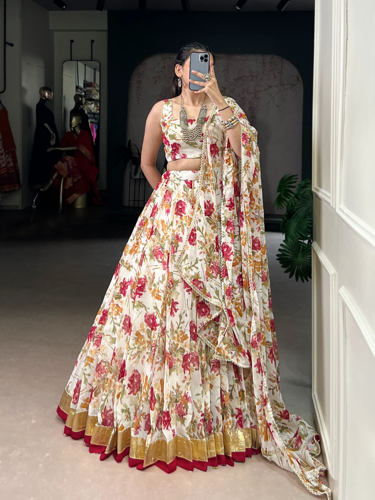 Lorenvalley Fashion White Chiffon Floral Print and Foil Print with Embossed Design with Gotta Patti Lace Touch Up Lehenga Choli with Dupatta - Swadesiicart