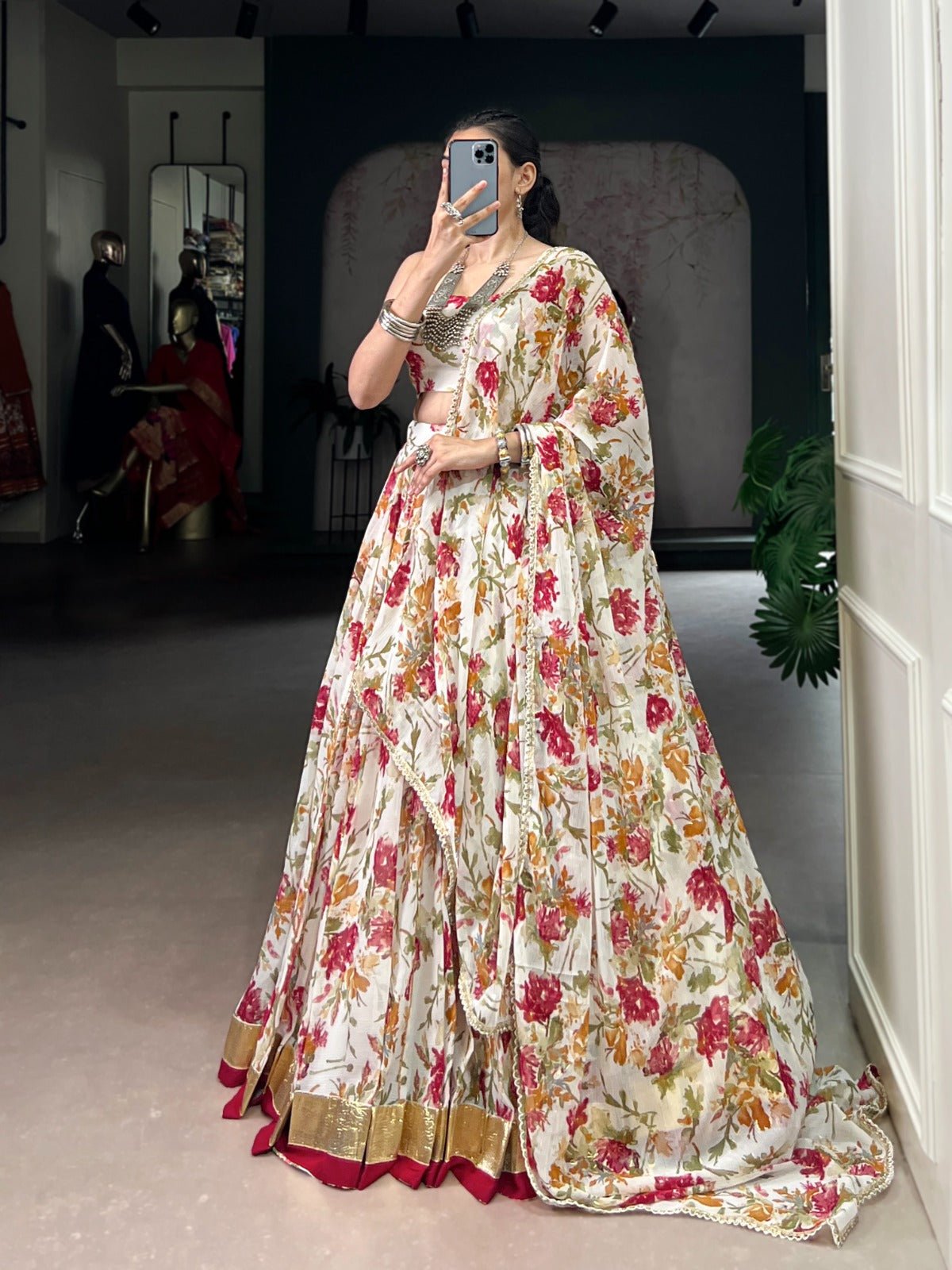 Lorenvalley Fashion White Chiffon Floral Print and Foil Print with Embossed Design with Gotta Patti Lace Touch Up Lehenga Choli with Dupatta - Swadesiicart