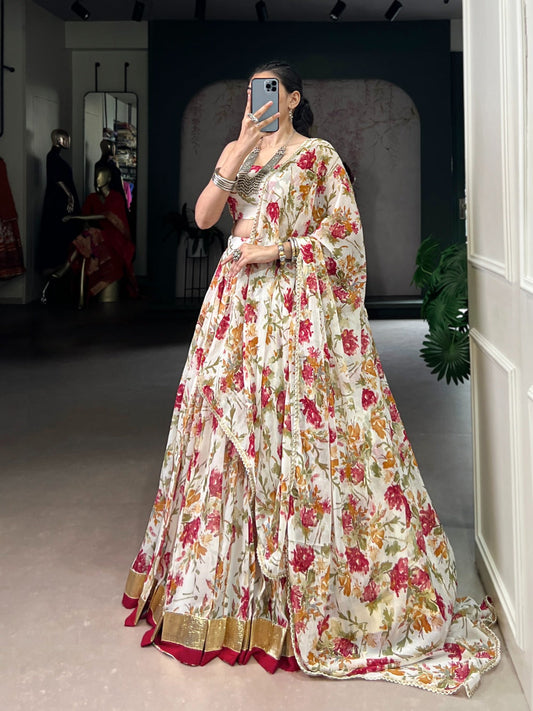 Lorenvalley Fashion White Chiffon Floral Print and Foil Print with Embossed Design with Gotta Patti Lace Touch Up Lehenga Choli with Dupatta - Swadesiicart