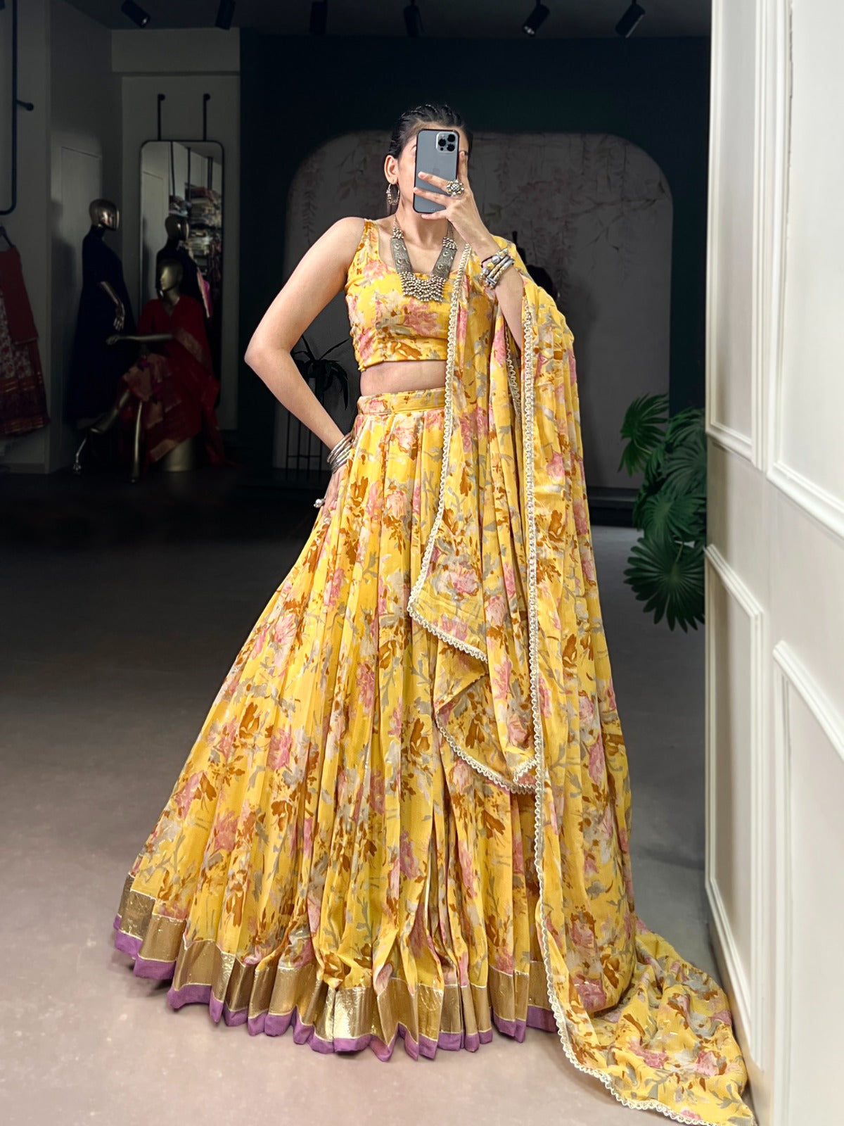 Lorenvalley Fashion Yellow Chiffon Floral Print and Foil Print with Embossed Design with Gotta Patti Lace Touch Up Lehenga Choli with Dupatta - Swadesiicart