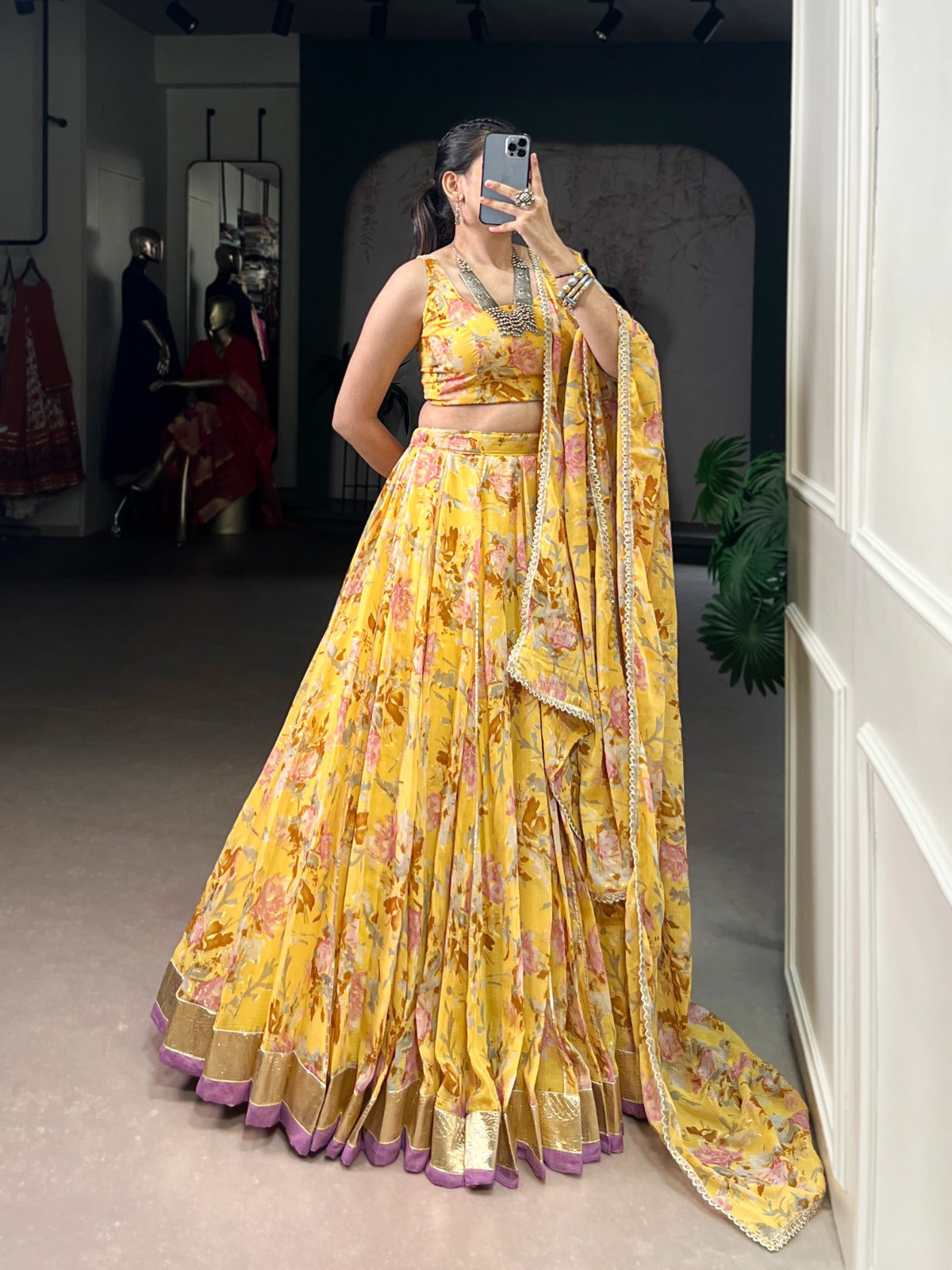 Lorenvalley Fashion Yellow Chiffon Floral Print and Foil Print with Embossed Design with Gotta Patti Lace Touch Up Lehenga Choli with Dupatta - Swadesiicart