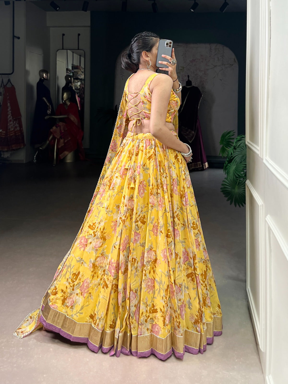 Lorenvalley Fashion Yellow Chiffon Floral Print and Foil Print with Embossed Design with Gotta Patti Lace Touch Up Lehenga Choli with Dupatta - Swadesiicart