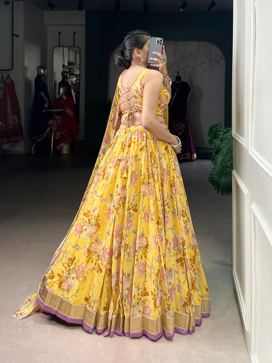 Lorenvalley Fashion Yellow Chiffon Floral Print and Foil Print with Embossed Design with Gotta Patti Lace Touch Up Lehenga Choli with Dupatta - Swadesiicart