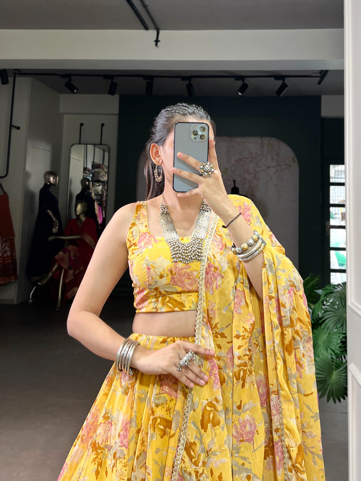 Lorenvalley Fashion Yellow Chiffon Floral Print and Foil Print with Embossed Design with Gotta Patti Lace Touch Up Lehenga Choli with Dupatta - Swadesiicart