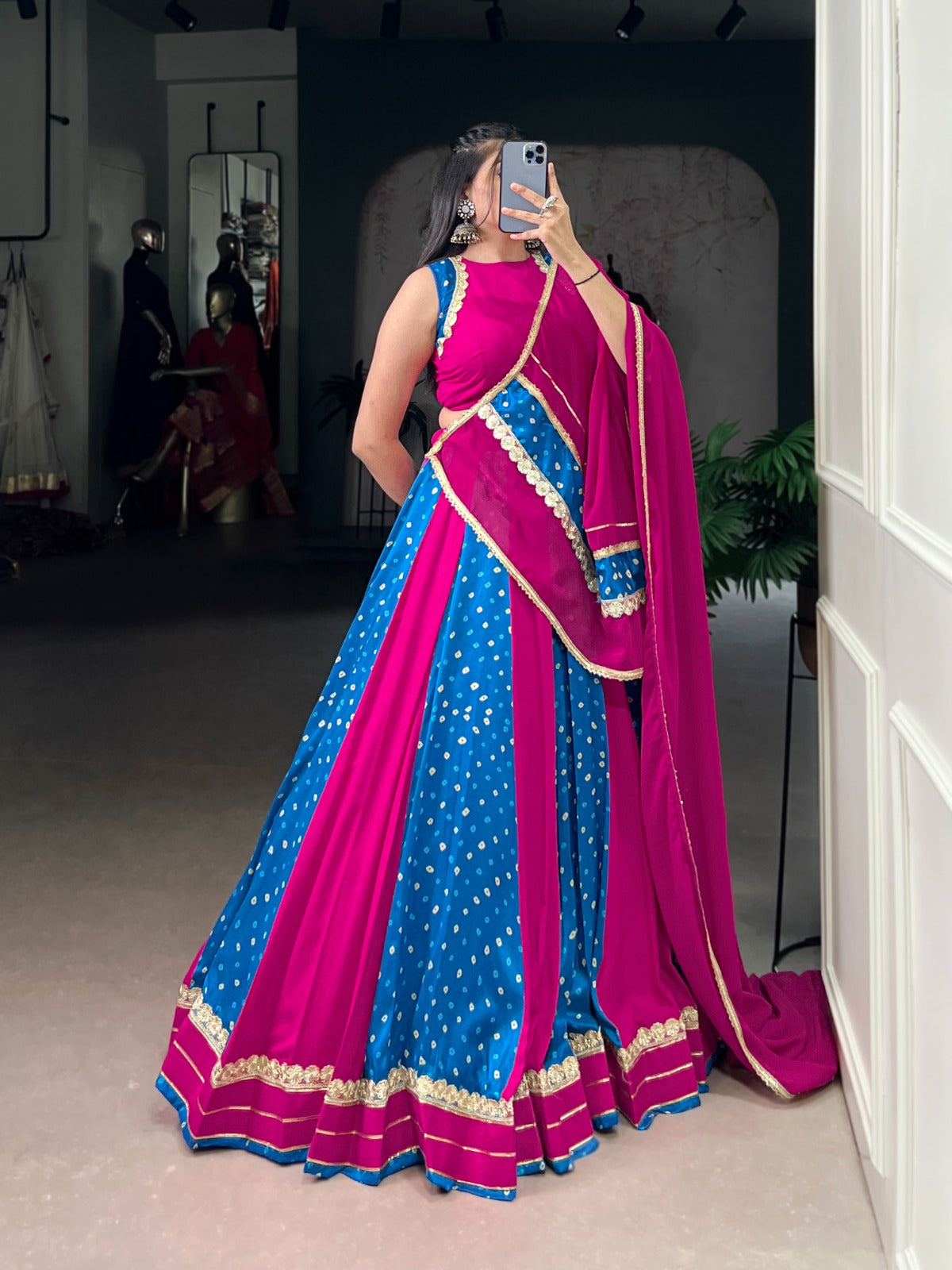 Lorenvalley Fashion Pink Tasar Silk Bandhej Print With Lace Touch Up Lehenga Choli with Dupatta | Swadesiicart