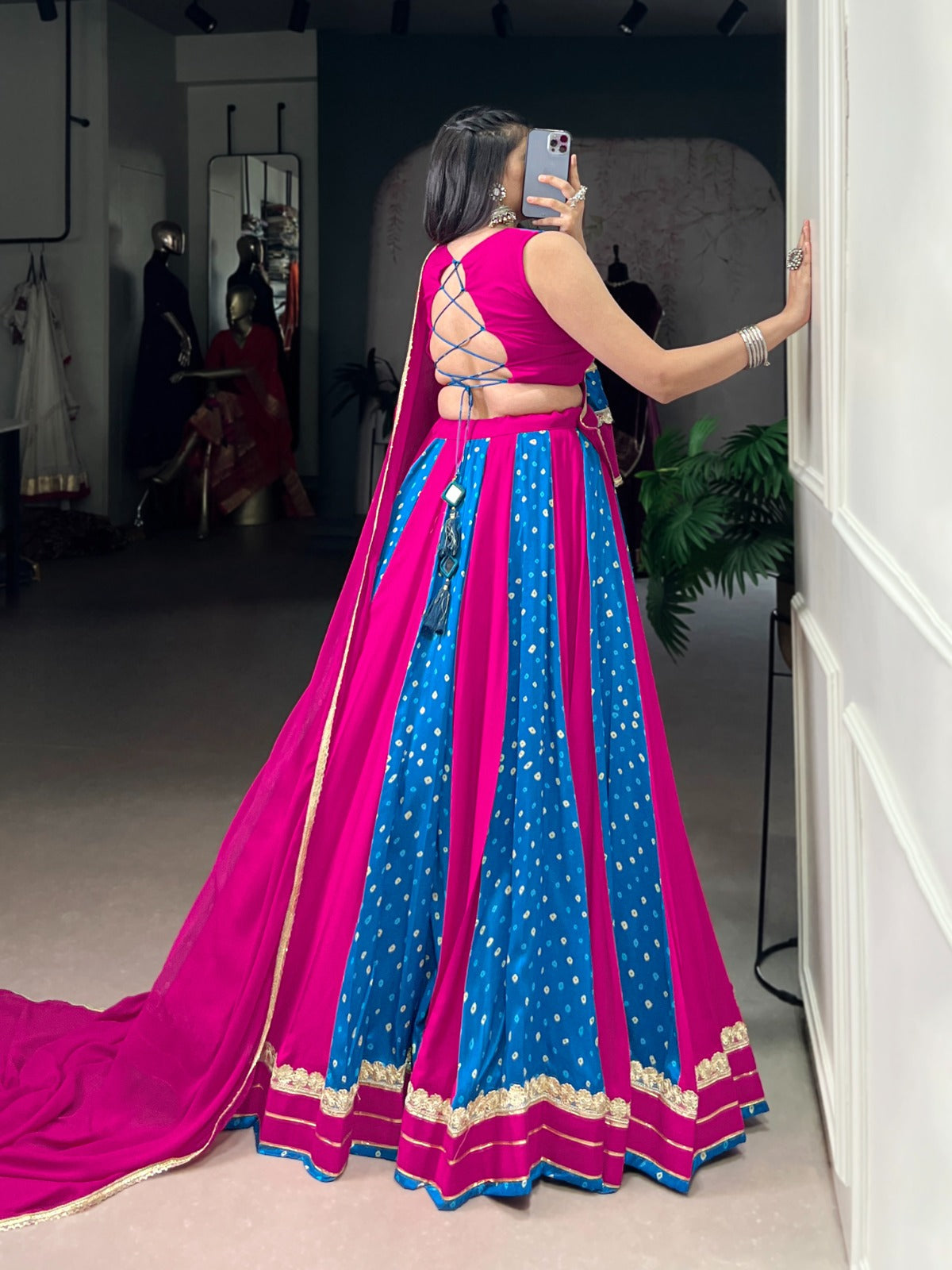 Lorenvalley Fashion Pink Tasar Silk Bandhej Print With Lace Touch Up Lehenga Choli with Dupatta | Swadesiicart