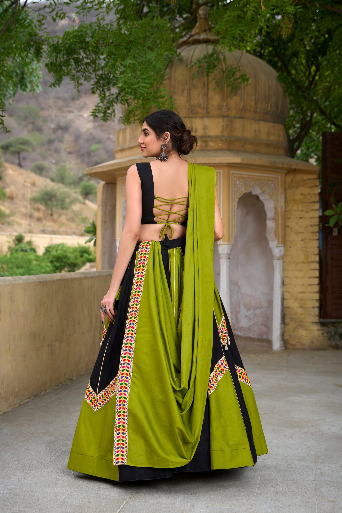 Lorenvalley Pure Cotton Plain With Gamthi Work And Gota Patti With Cowrie (Kodi) Lace Touch Up Lehenga Choli with Dupatta | Swadesiicart