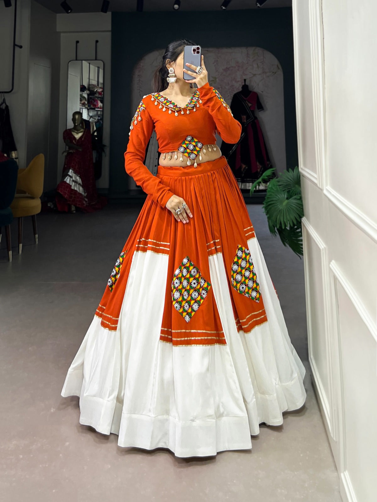 Lorenvalley Fashion Orange Pure Rayon Plain And Gamthi Patch Work With Gota Patti Touch Up Lehenga Choli | Swadesiicart
