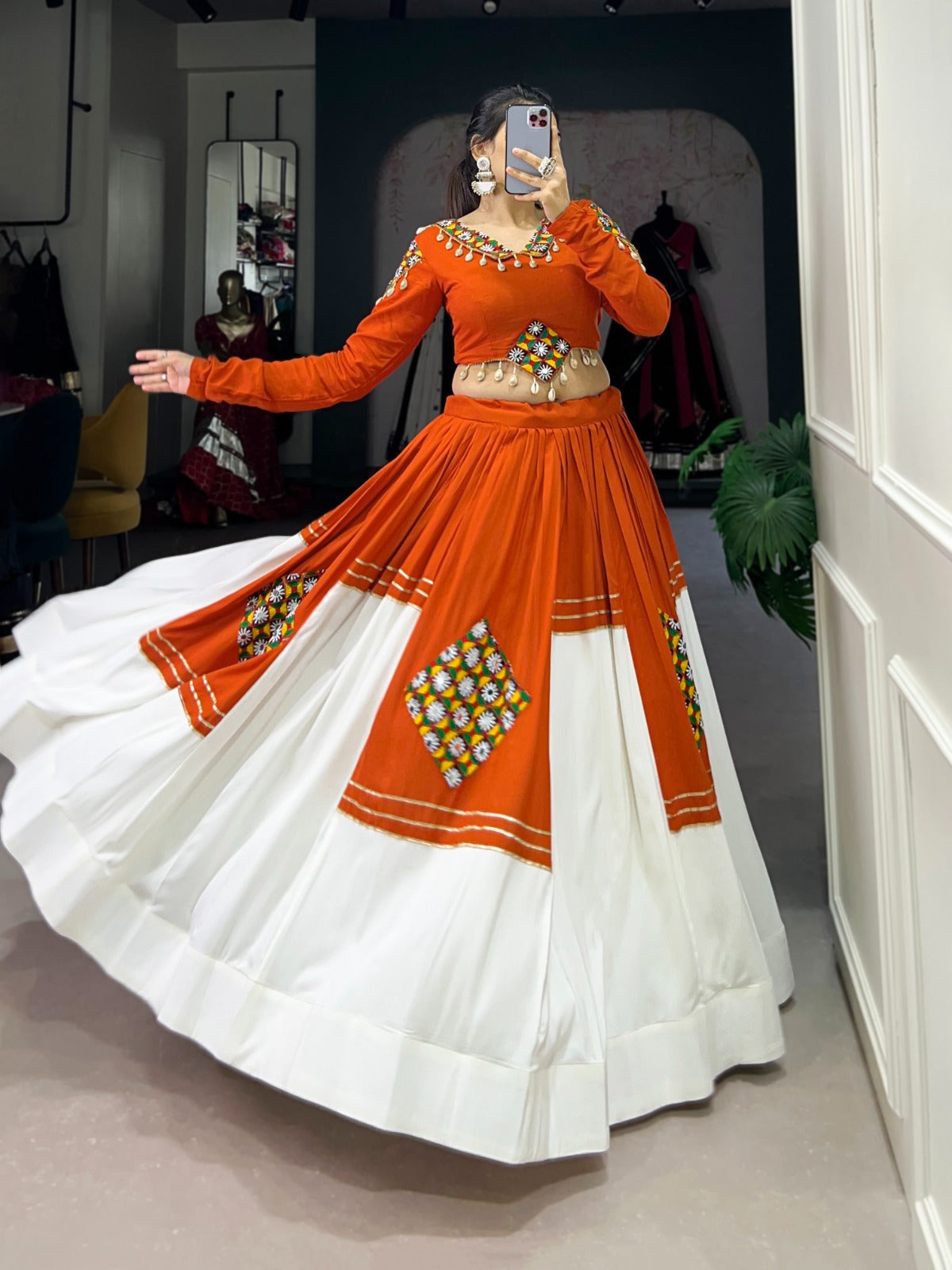 Lorenvalley Fashion Orange Pure Rayon Plain And Gamthi Patch Work With Gota Patti Touch Up Lehenga Choli | Swadesiicart