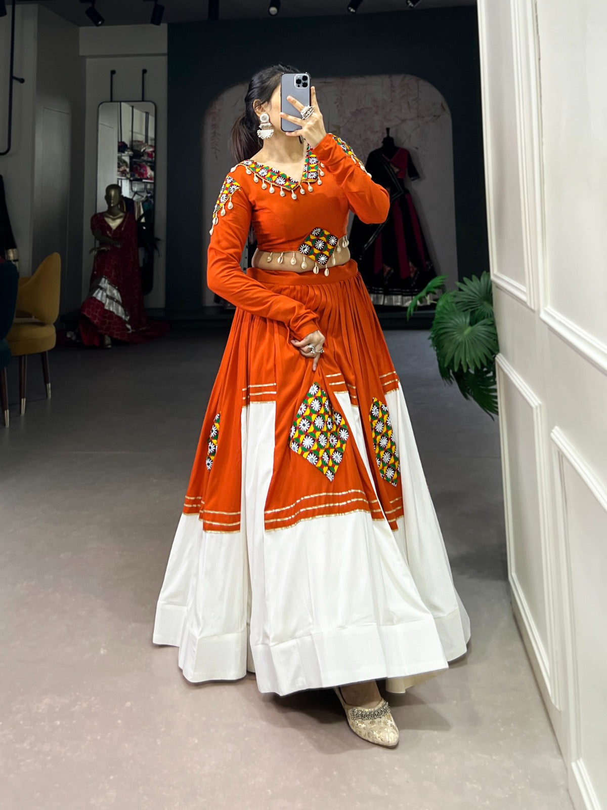 Lorenvalley Fashion Orange Pure Rayon Plain And Gamthi Patch Work With Gota Patti Touch Up Lehenga Choli | Swadesiicart