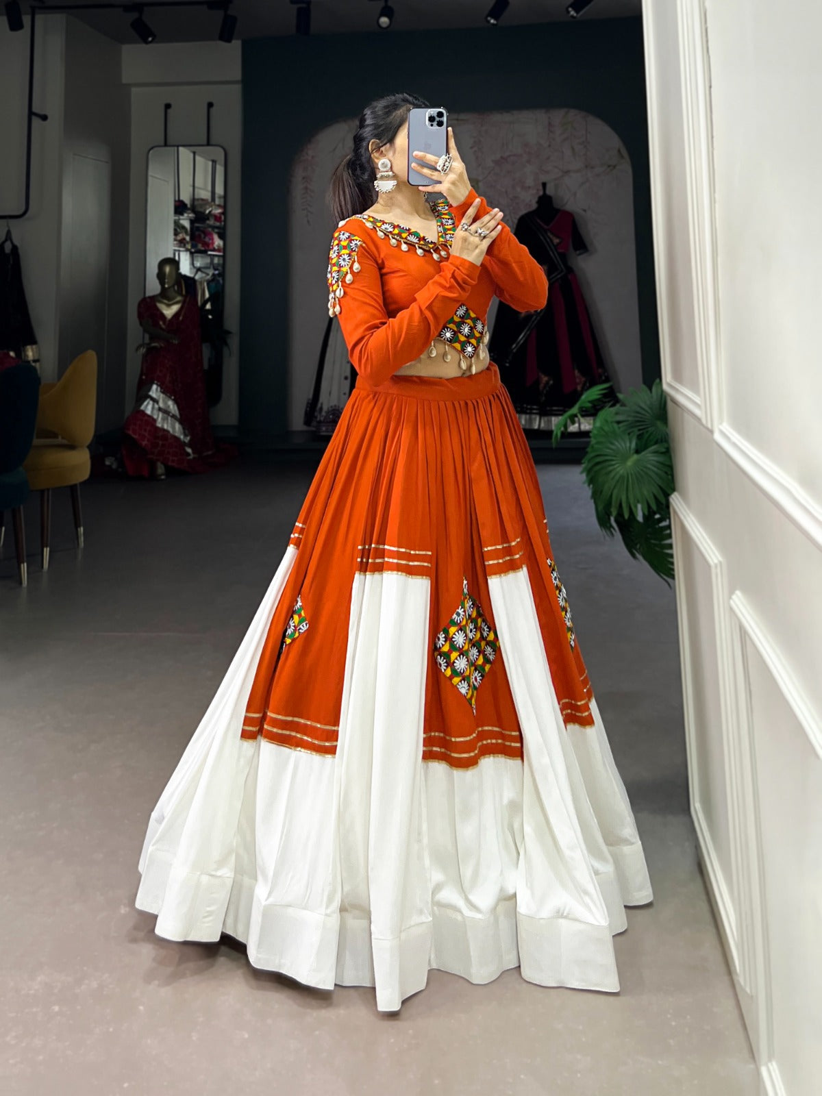 Lorenvalley Fashion Orange Pure Rayon Plain And Gamthi Patch Work With Gota Patti Touch Up Lehenga Choli | Swadesiicart