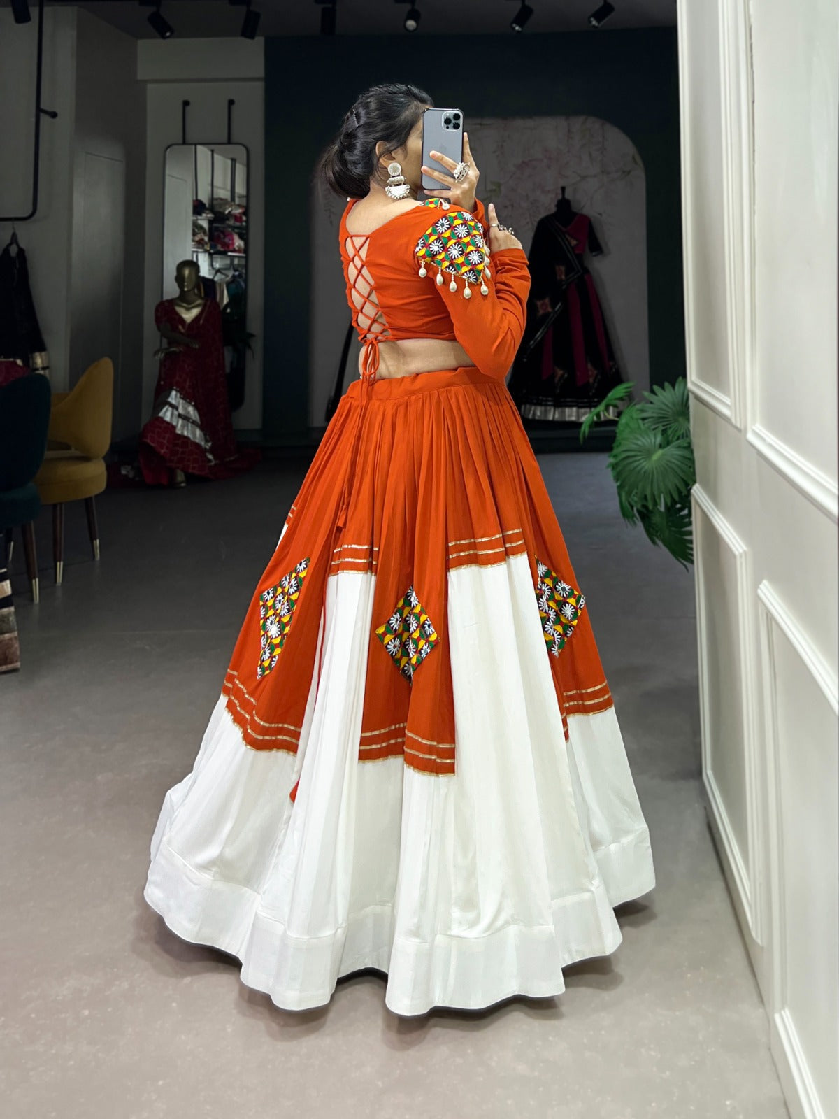 Lorenvalley Fashion Orange Pure Rayon Plain And Gamthi Patch Work With Gota Patti Touch Up Lehenga Choli | Swadesiicart