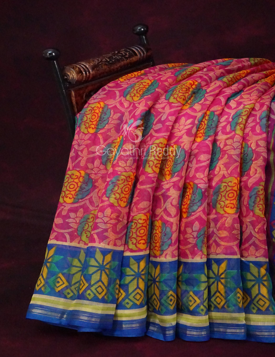 Shades of Rani Pink With Ink Blue Blouse Creeper Design Semi Chanderi Saree By Gayathri Reddy Designer Studio | Swadesiicart